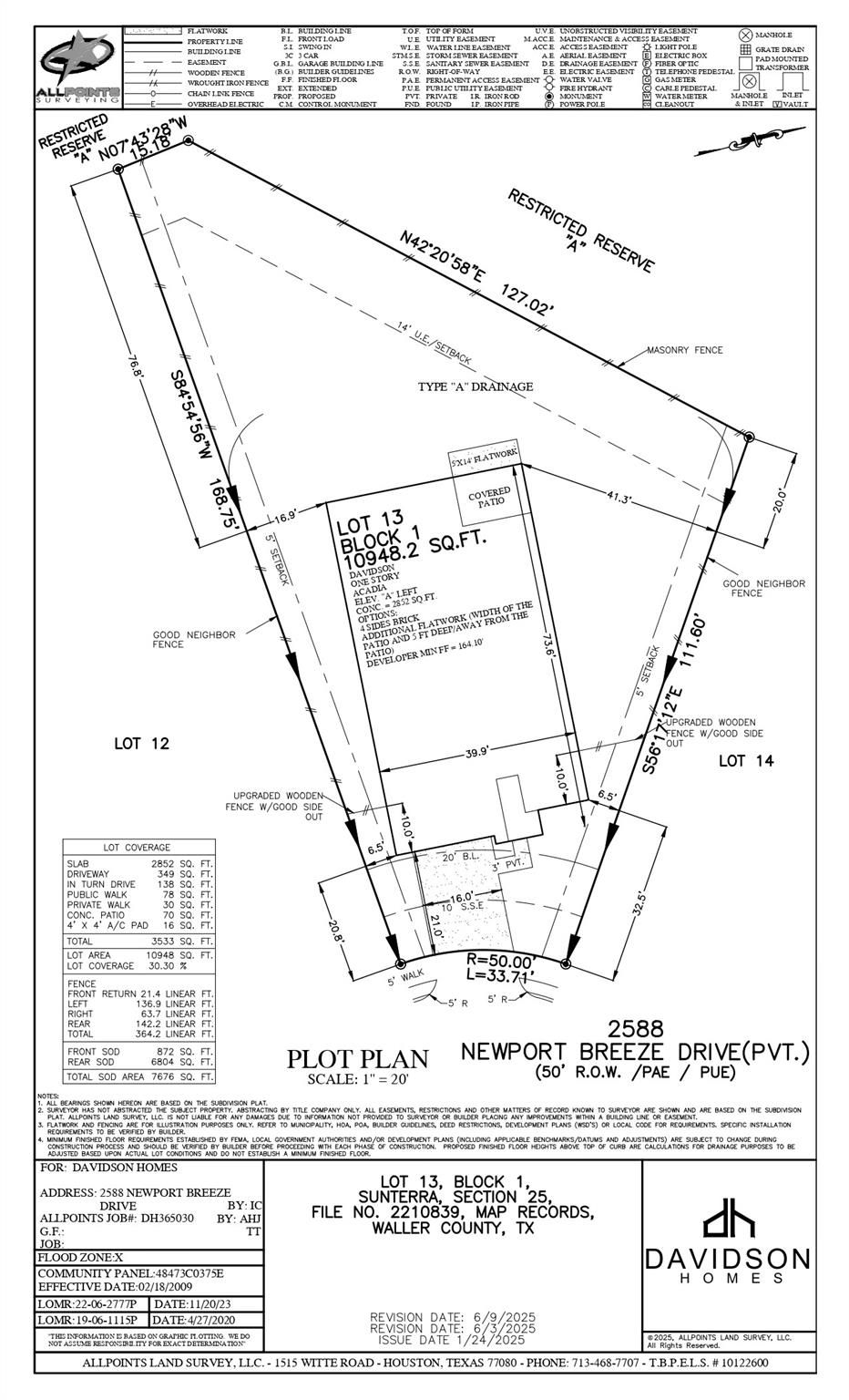 Detailed plot plan for 4-bedroom Acadia A home in Sunterra, Katy, Texas by Davidson Homes with lot boundaries and 2-car driveway