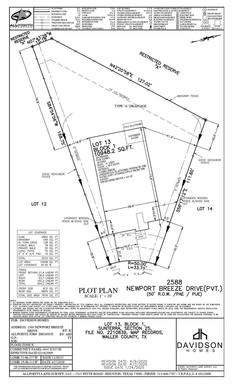 Detailed plot plan for 4-bedroom Acadia A home in Sunterra, Katy, Texas by Davidson Homes with lot boundaries and 2-car driveway
