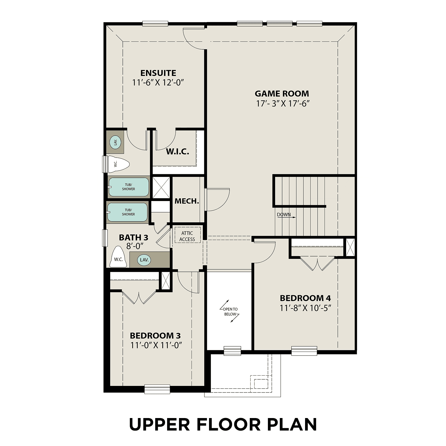 Upper floor plan of The Philip B featuring spacious game room, bedrooms 3 and 4, full bath, and closets