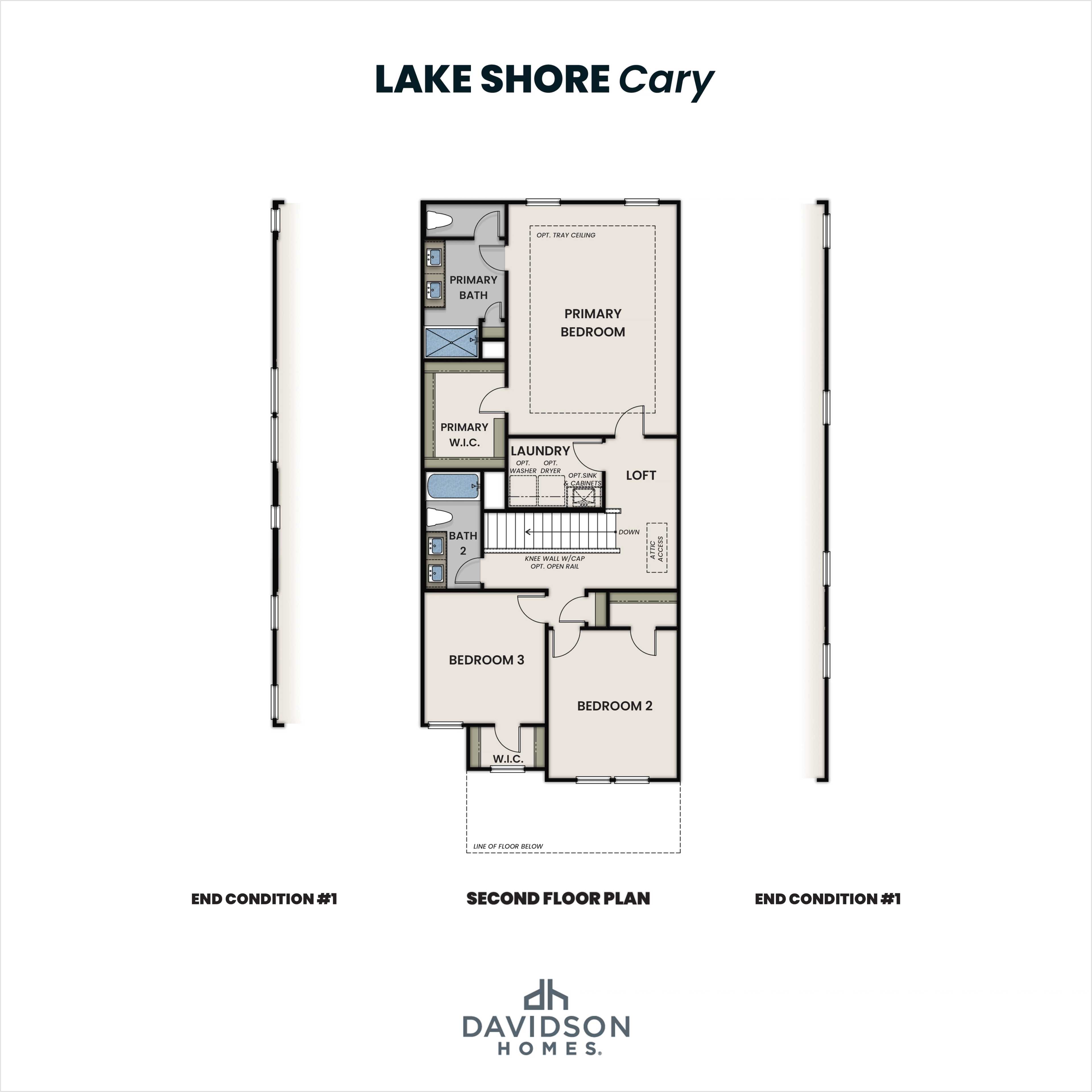 Second floor plan of Lake Shore Cary home: primary suite, loft, bedrooms 2-3, baths, laundry in 2-story design