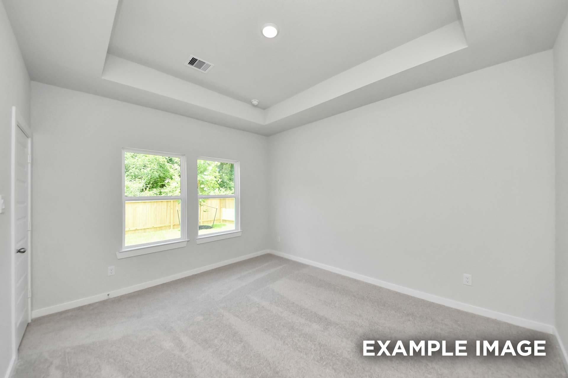 Bright bedroom with tray ceiling, plush carpet, and windows overlooking fenced backyard in Davidson Homes Blanco E, Magnolia TX