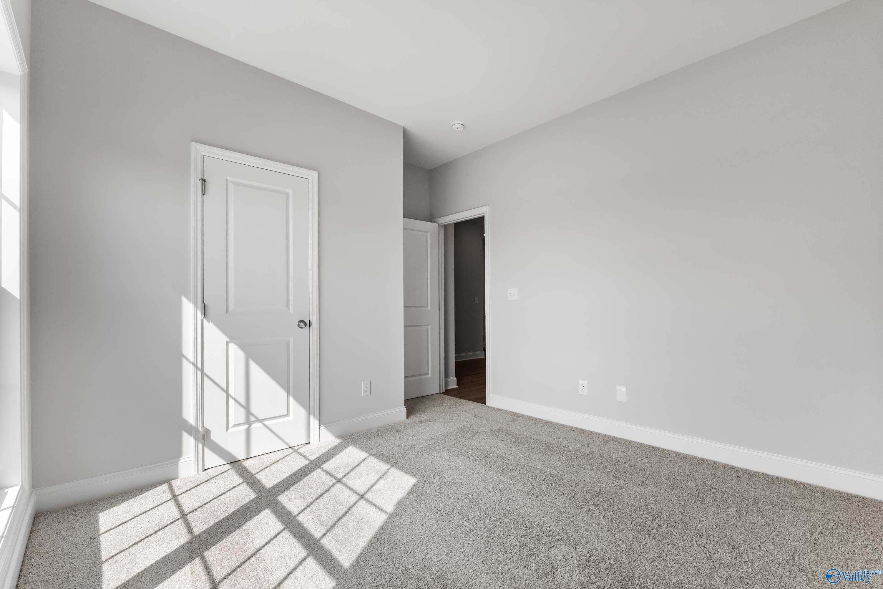 Bright secondary bedroom with light gray walls, white doors, carpet floor, and natural sunlight in Davidson Homes The Franklin C, Toney, Alabama