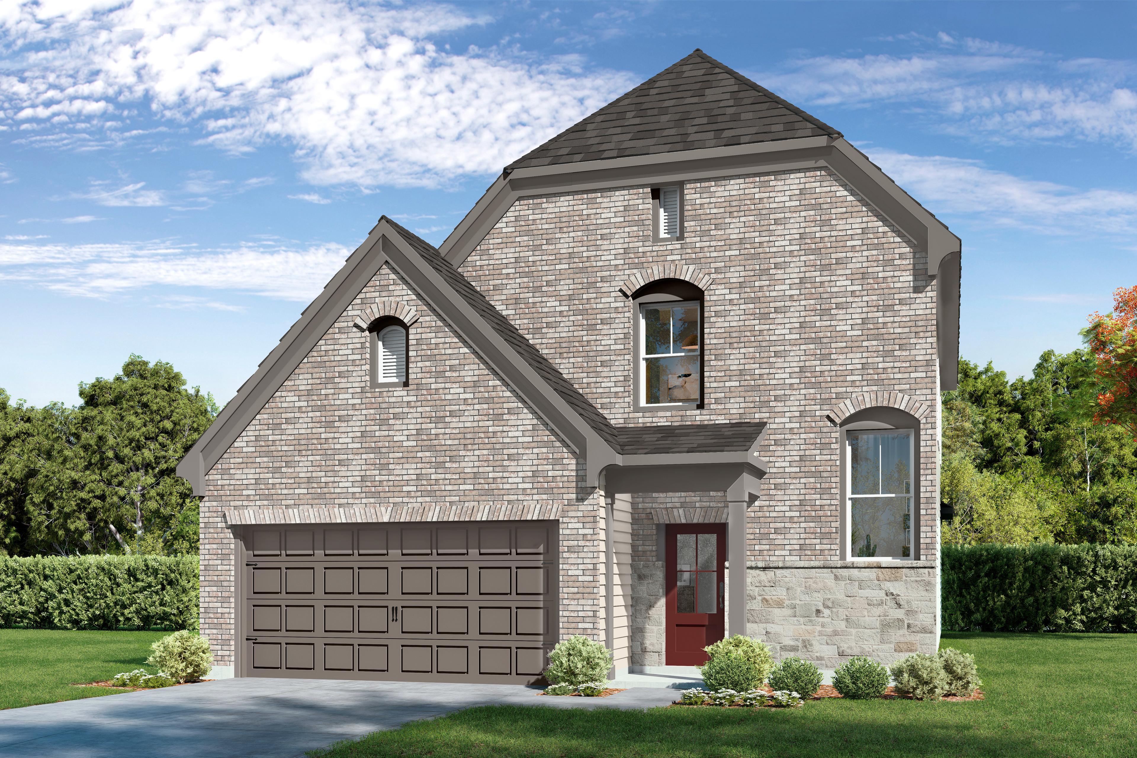 Two-story Verano F home elevation with brick and stone exterior, 2-car garage, and master suite on main in Katy, Texas