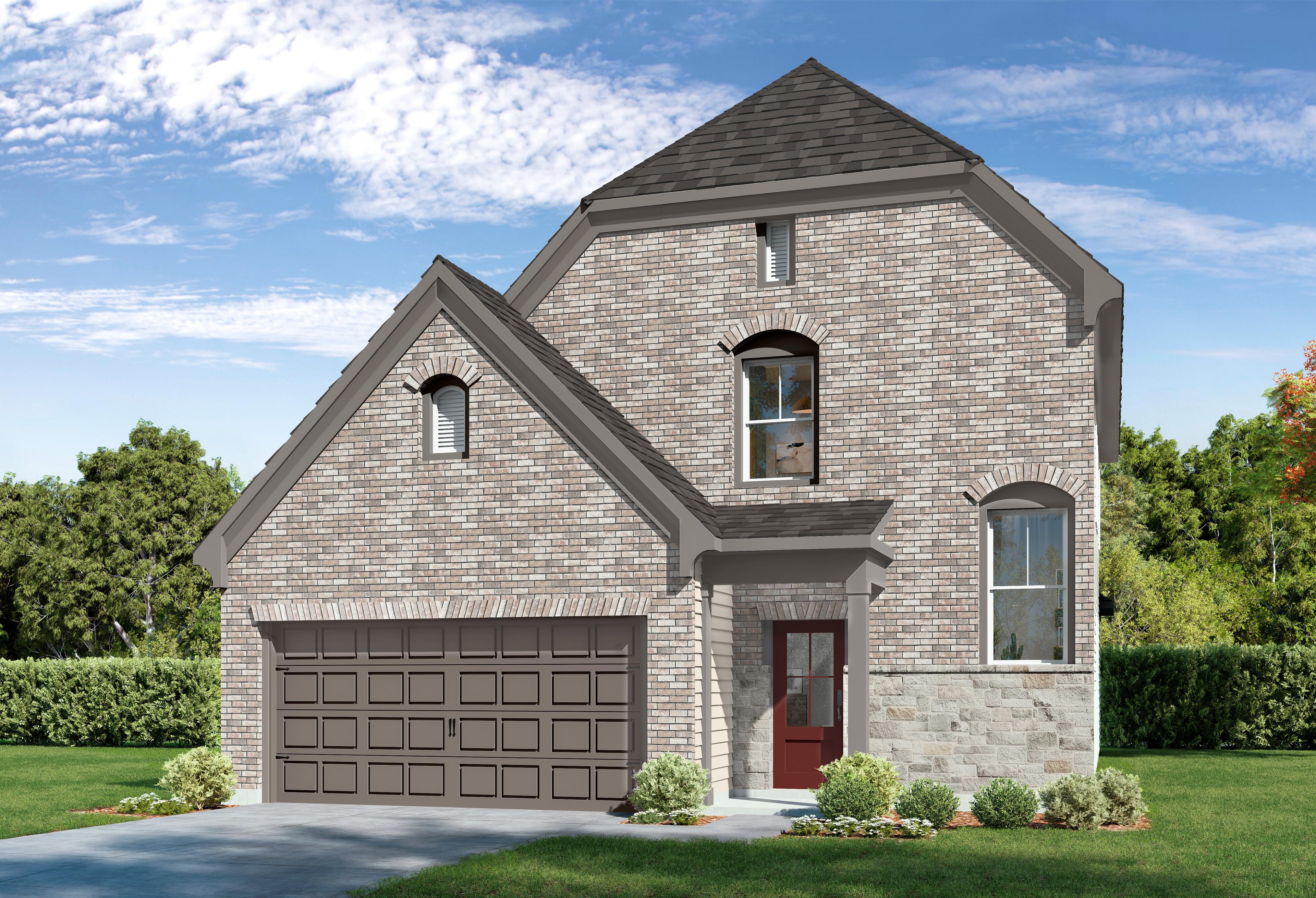 Two-story Verano F home elevation with brick and stone exterior, 2-car garage, and master suite on main in Katy, Texas