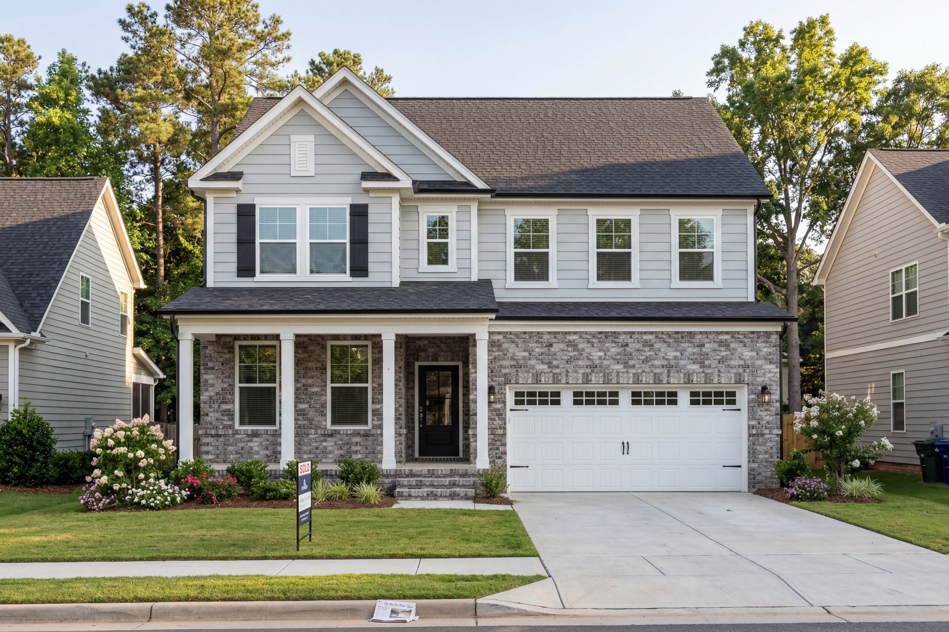 Two-story Chestnut home exterior with gray siding, stone accents, columned porch, two-car garage, and lush landscaping in Belmont NC