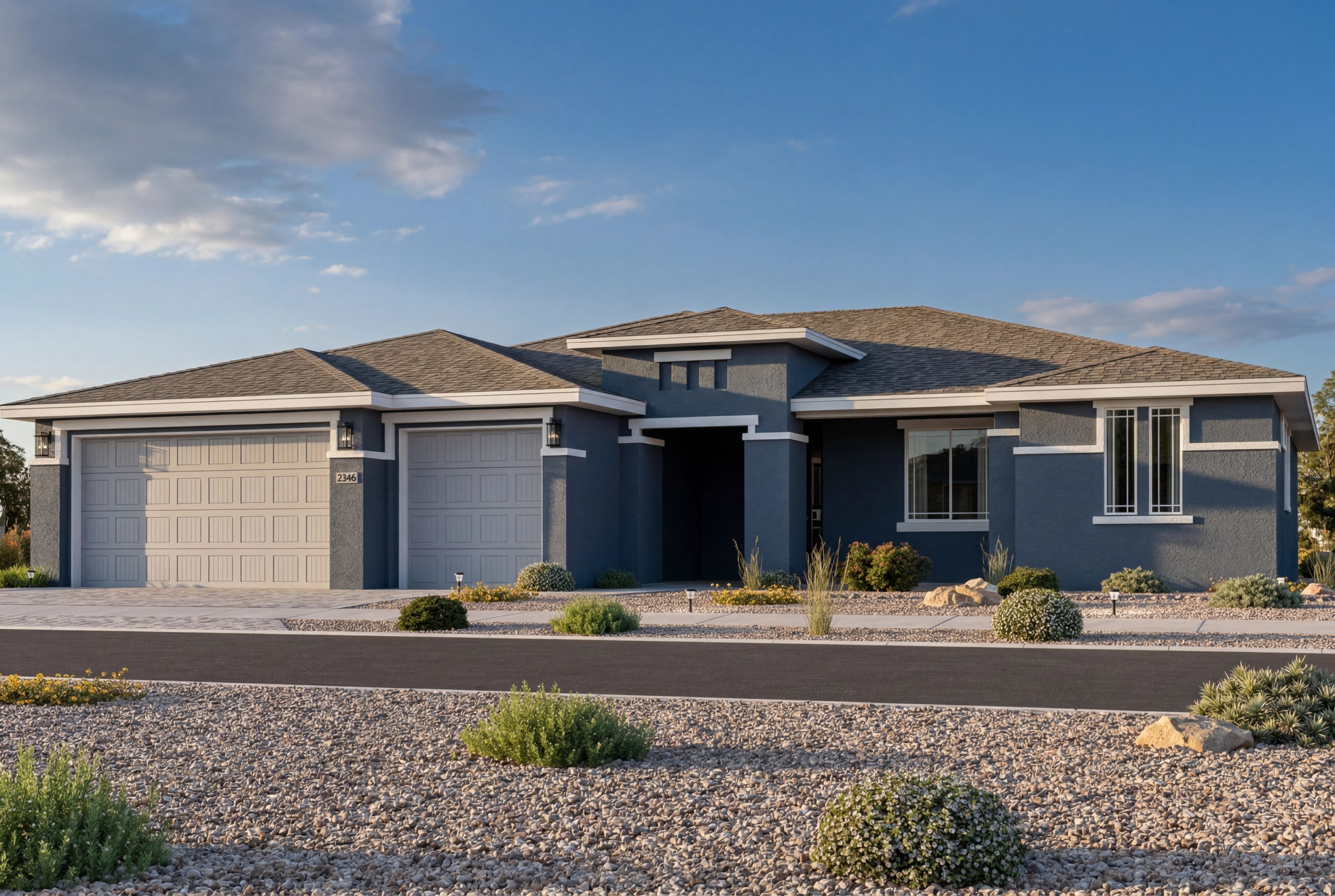 Modern exterior of The Monarch by Evermore Homes, a 1-story, 3-car garage single-family home in Prescott Valley, Arizona.