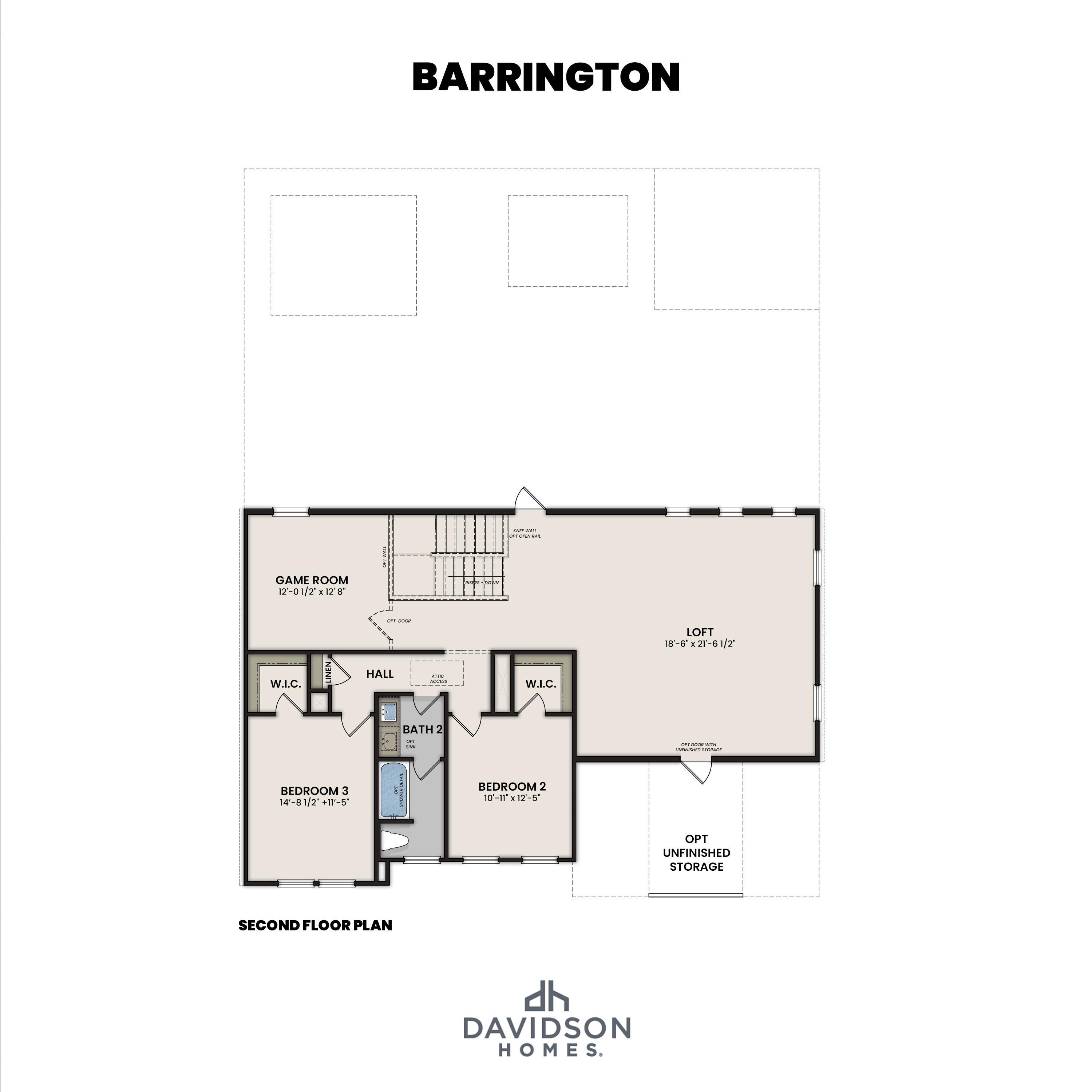 Second floor plan of The Barrington A by Davidson Homes, featuring three bedrooms, two baths, loft, and storage in 2-story design