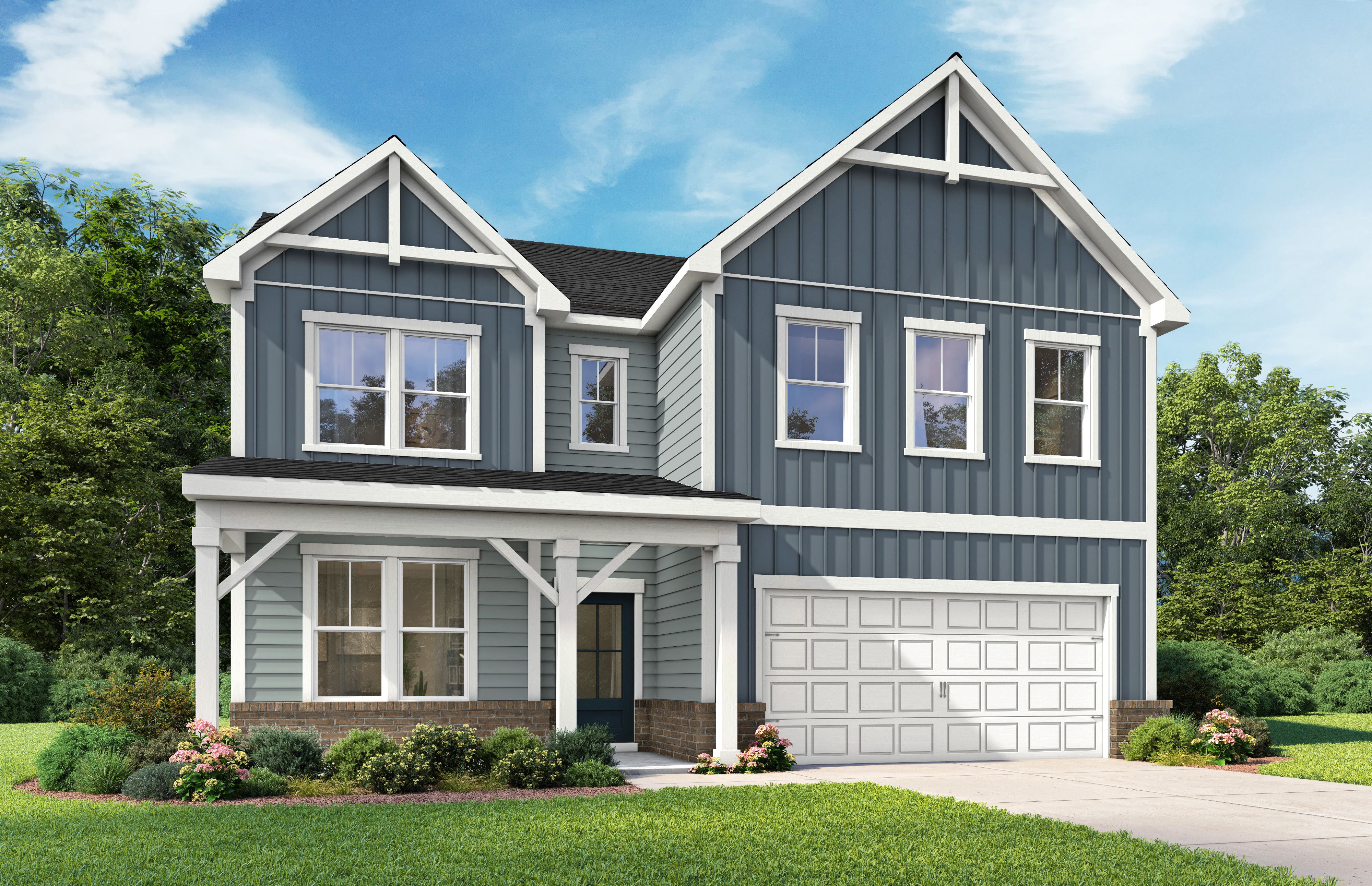 Two-story Aspen B home design by Davidson Homes featuring a blue brick and vinyl exterior with a spacious garage.