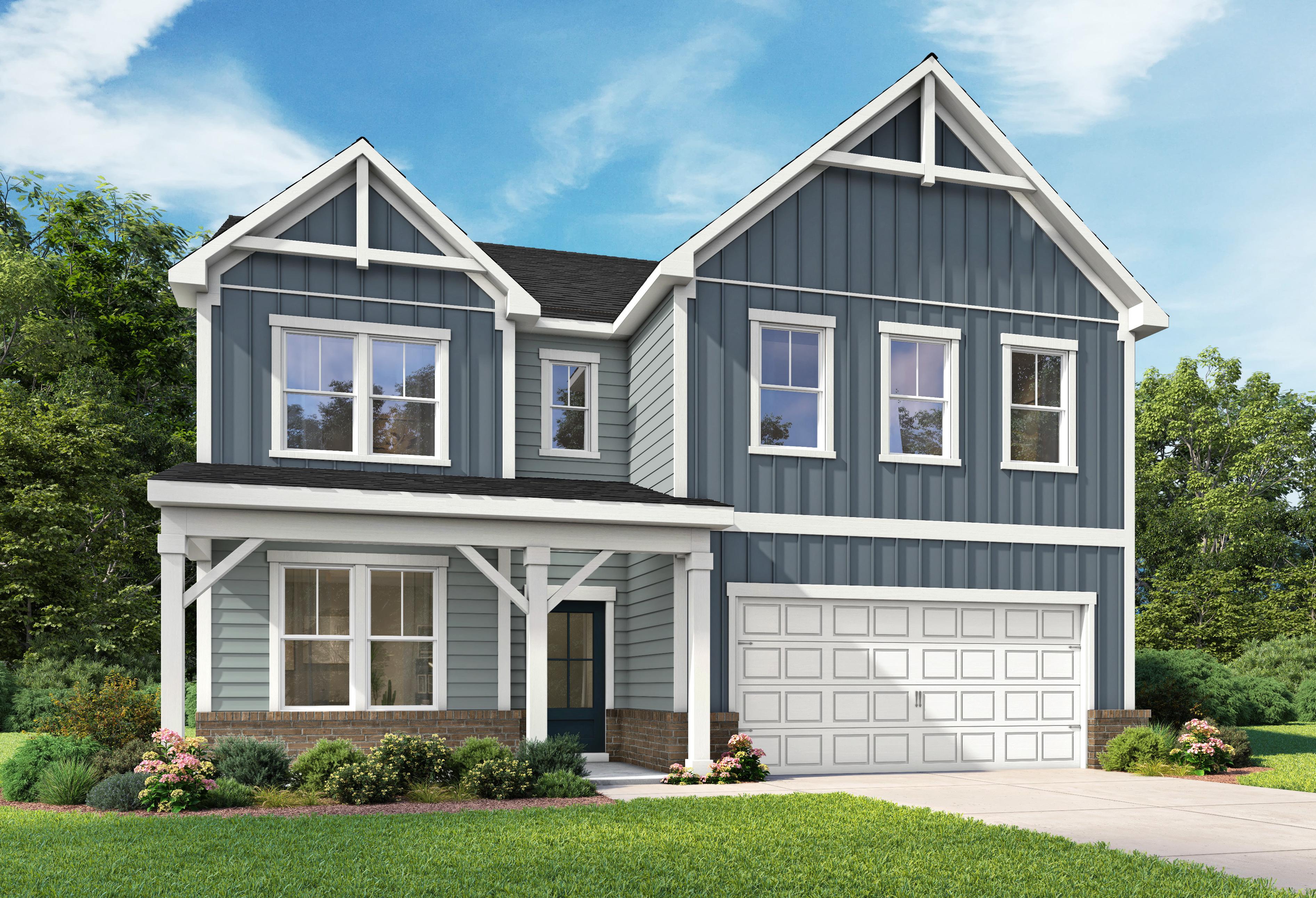 Two-story Aspen B home design by Davidson Homes featuring a blue brick and vinyl exterior with a spacious garage.