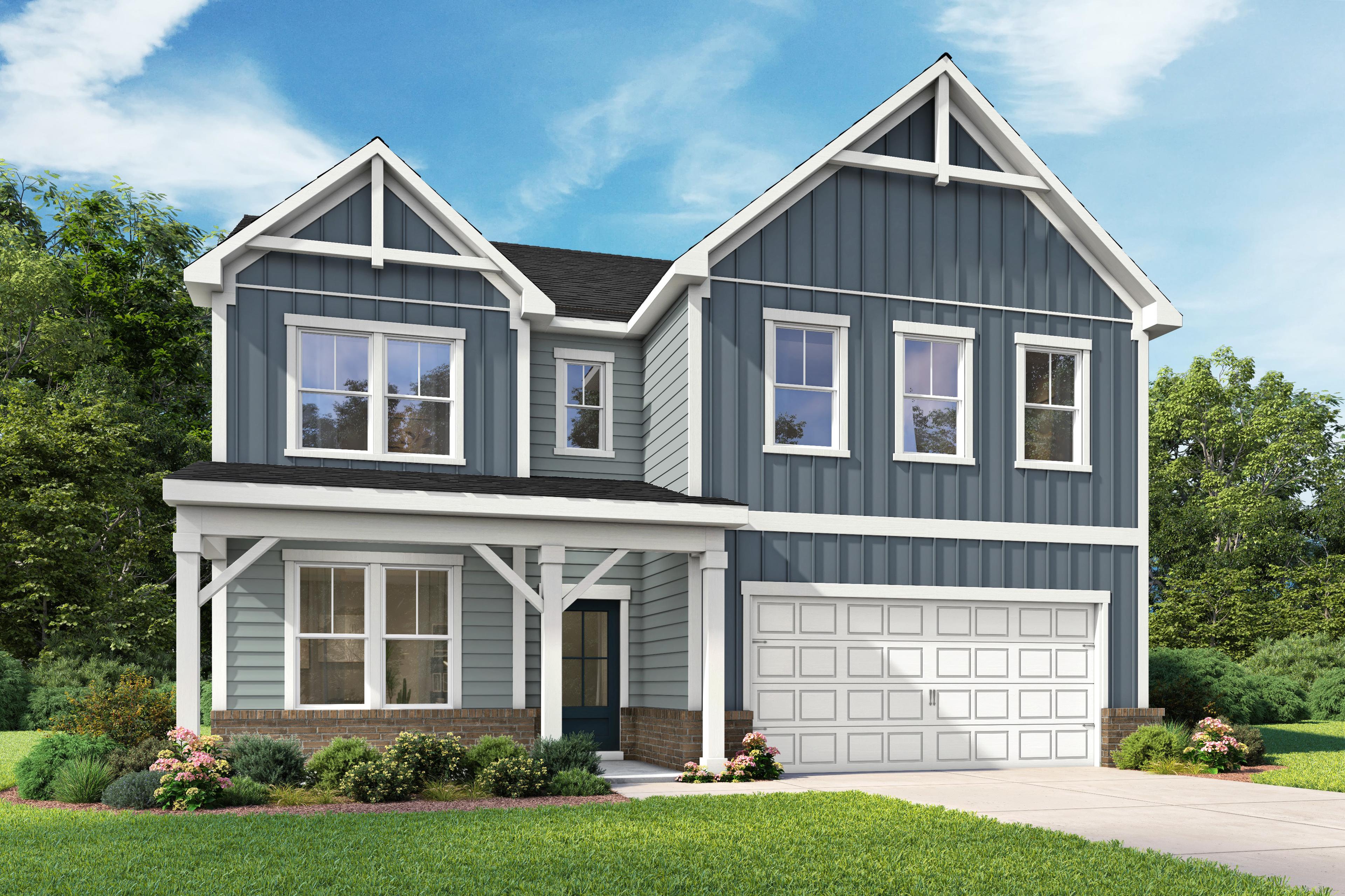 Two-story Aspen B home design by Davidson Homes featuring a blue brick and vinyl exterior with a spacious garage.