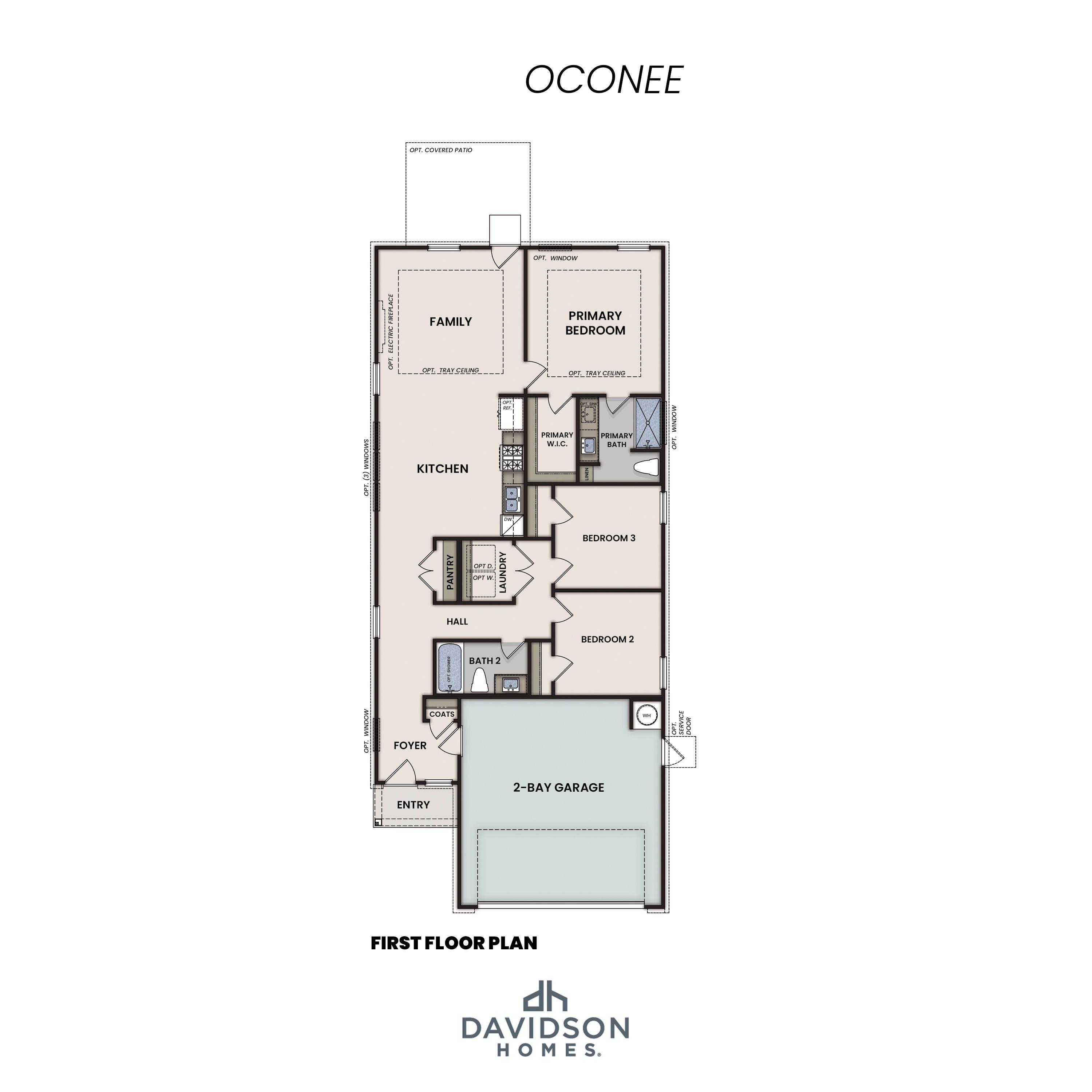 First floor plan of Oconee A 3-bedroom home with primary suite, kitchen, family room, two baths, and 2-car garage by Davidson Homes
