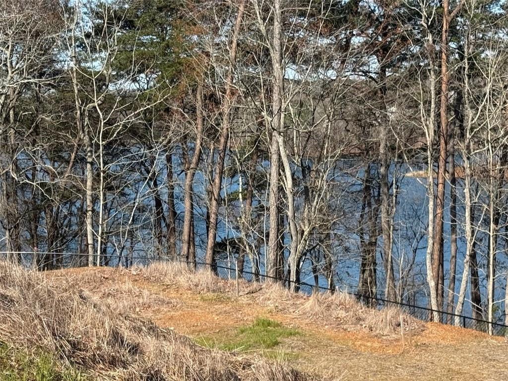 Serene lake overlook with bare trees and fenced hillside in The Bluffs, Canton, Georgia, Davidson Homes The Burton B community