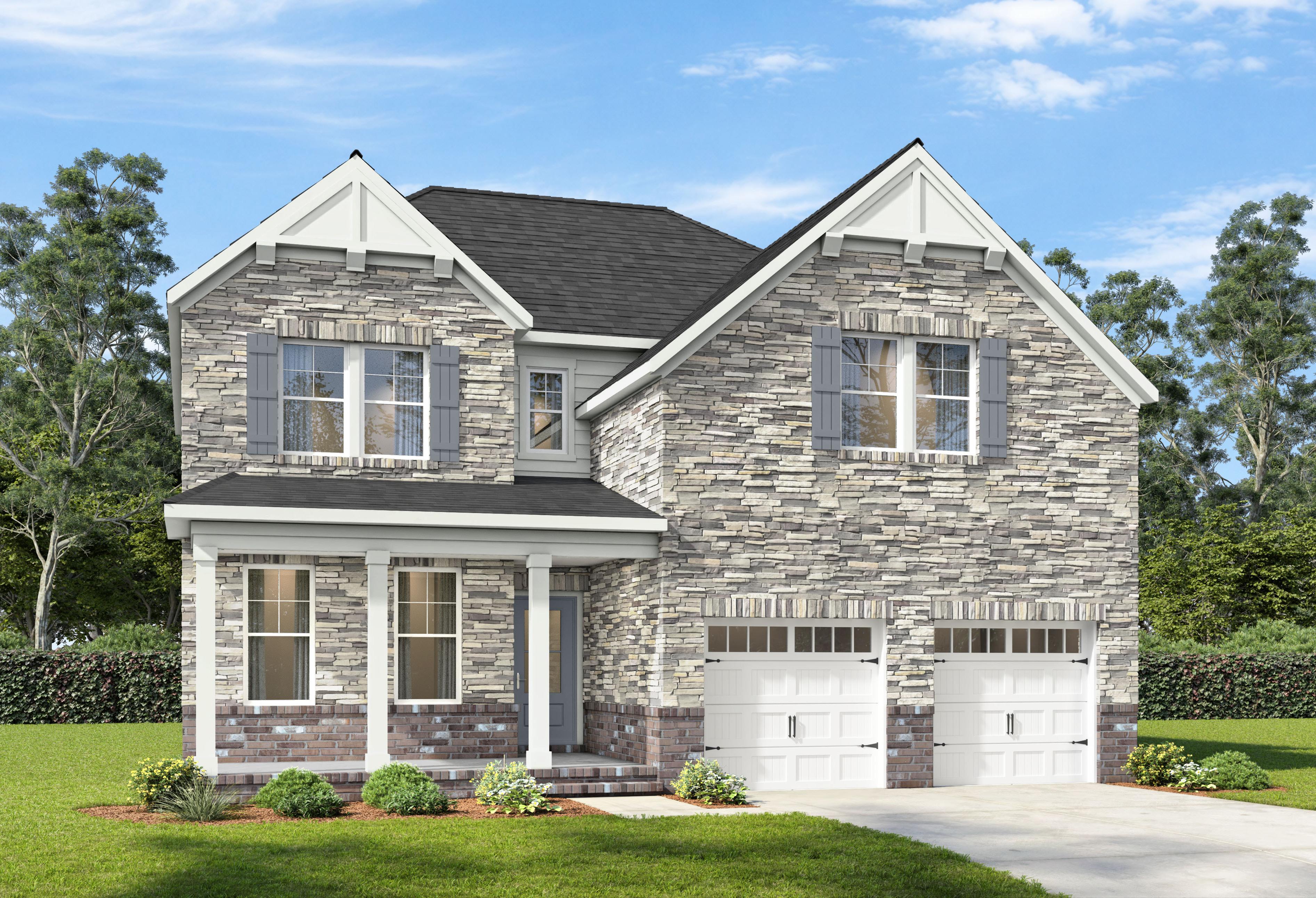 Two-story brick and stone elevation of The Willow A-BF by Davidson Homes in Mt. Juliet, TN with 2-car garage