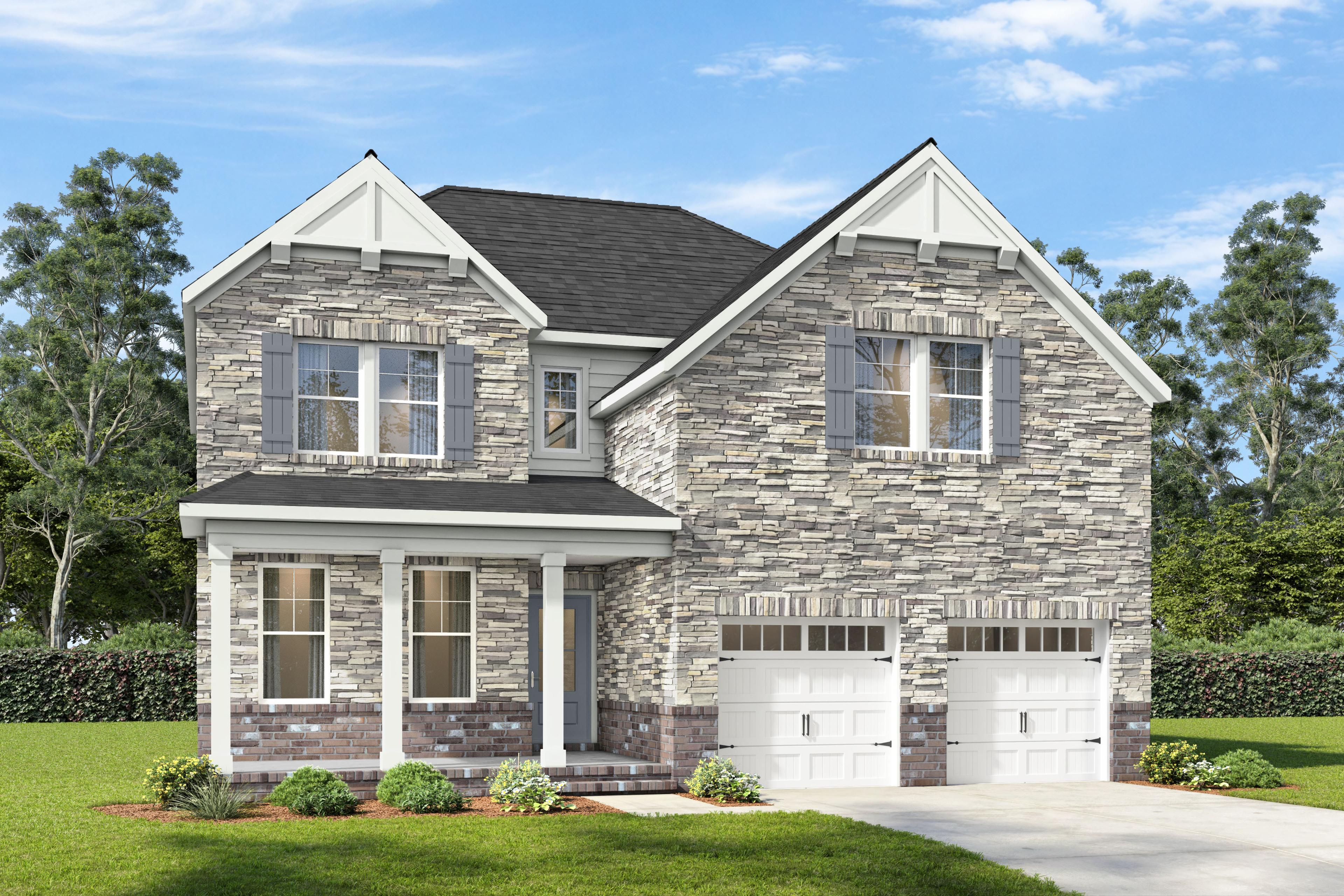 Two-story brick and stone elevation of The Willow A-BF by Davidson Homes in Mt. Juliet, TN with 2-car garage