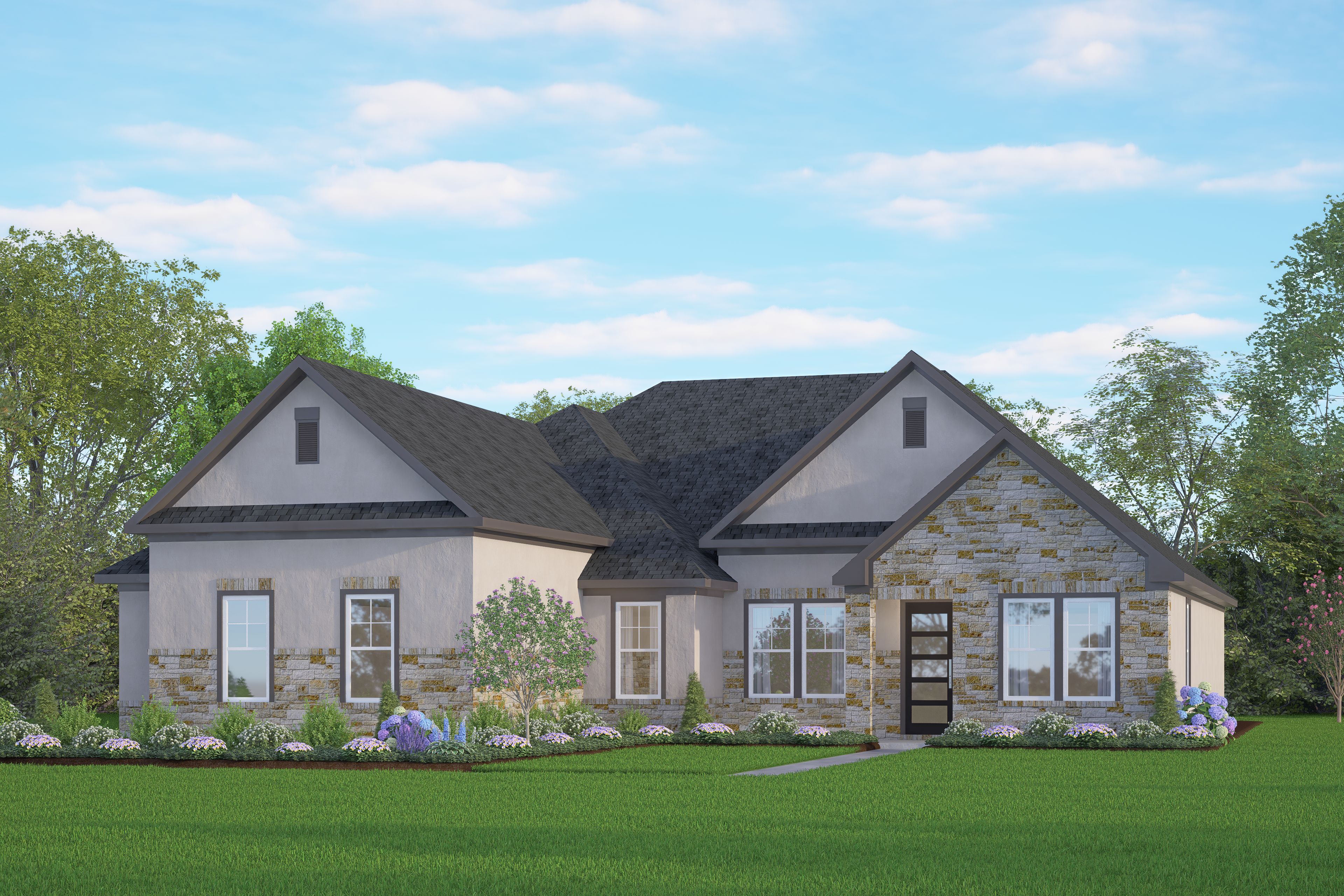 Spacious single-story The Foster home elevation with stone and stucco exterior, gabled roof, and landscaped yard in Castroville Texas