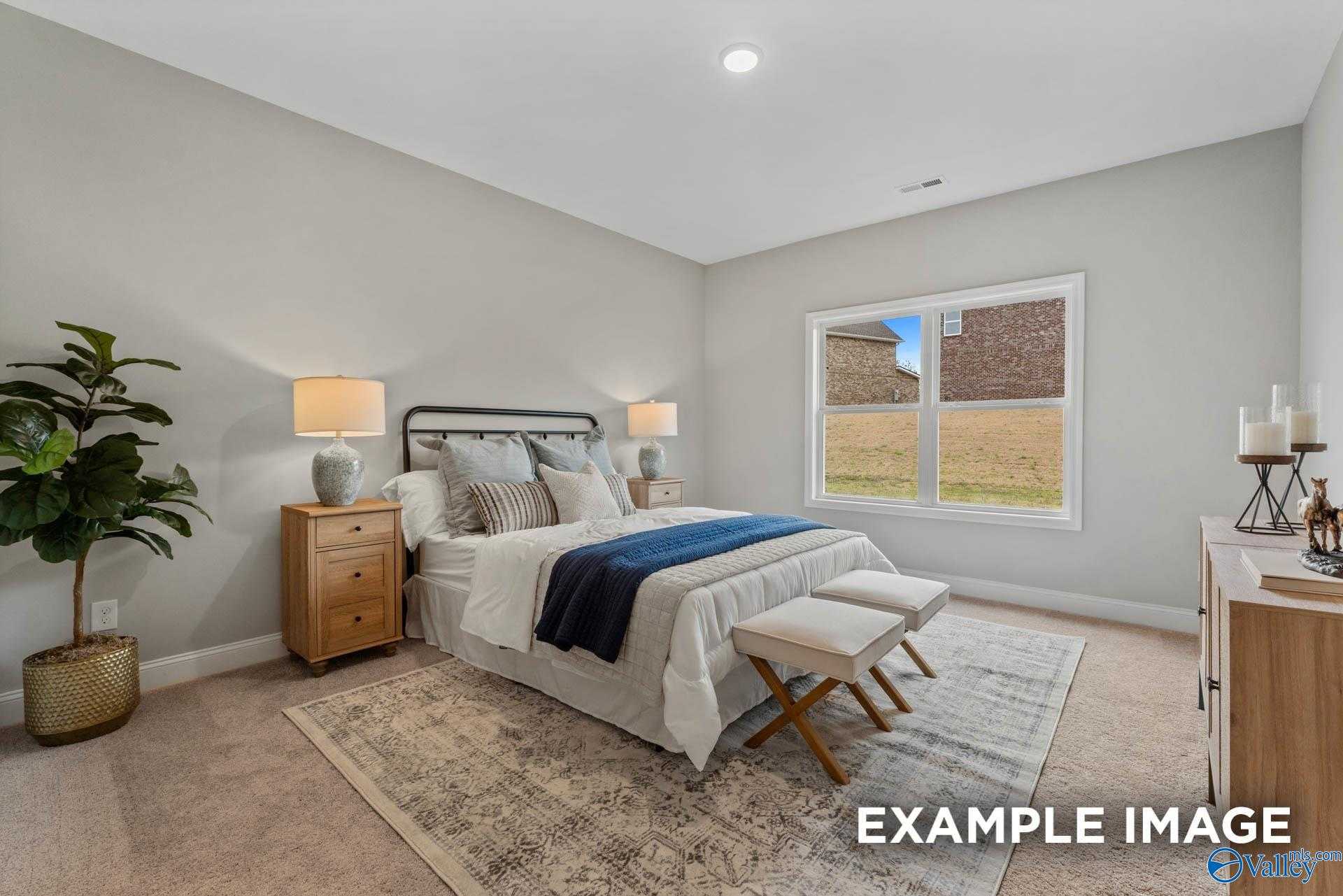 Cozy secondary bedroom with queen bed, gray walls, potted plant, and yard-view window in Davidson Homes The Daphne C, Owens Cross Roads, AL