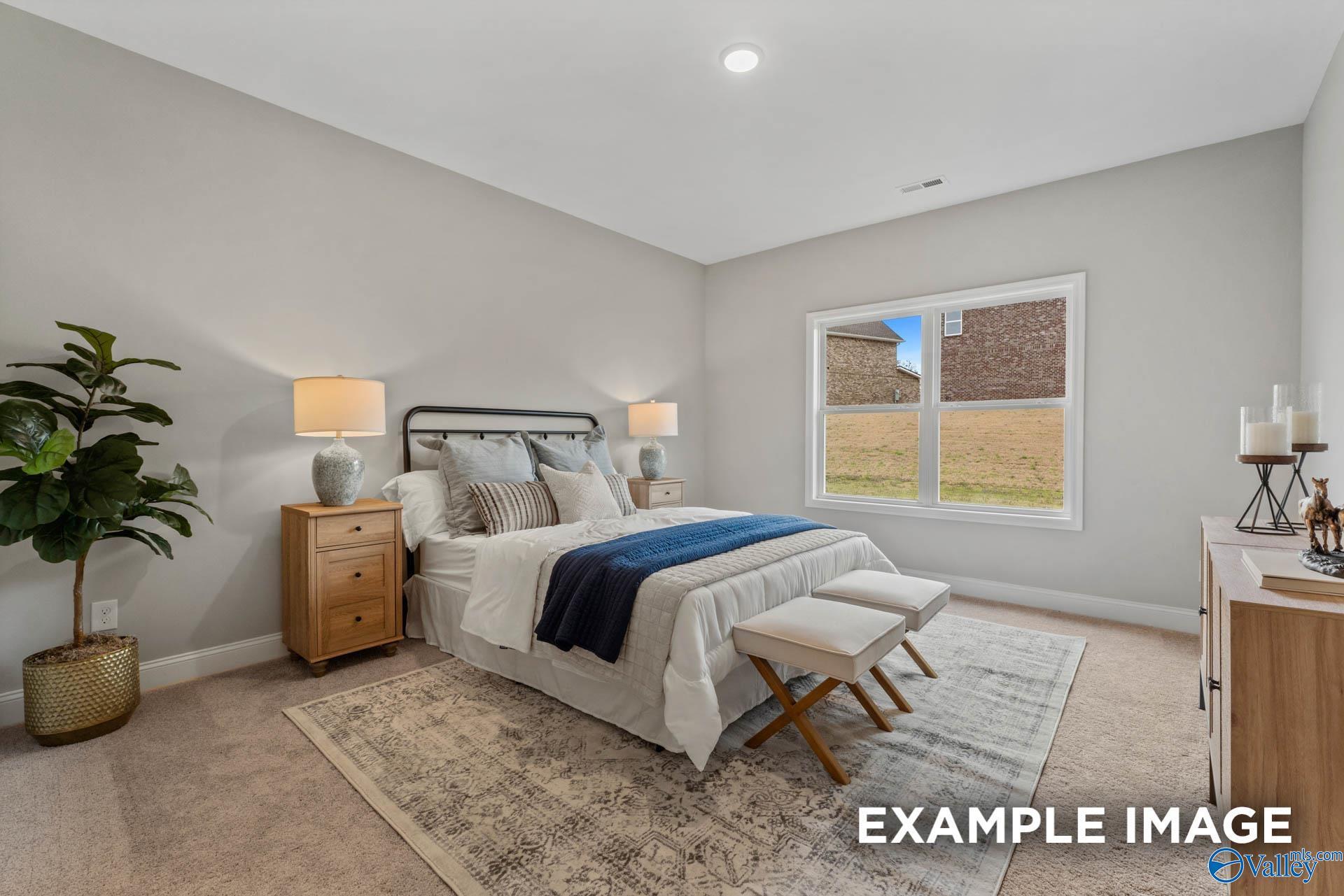 Cozy secondary bedroom with queen bed, gray walls, potted plant, and yard-view window in Davidson Homes The Daphne C, Owens Cross Roads, AL