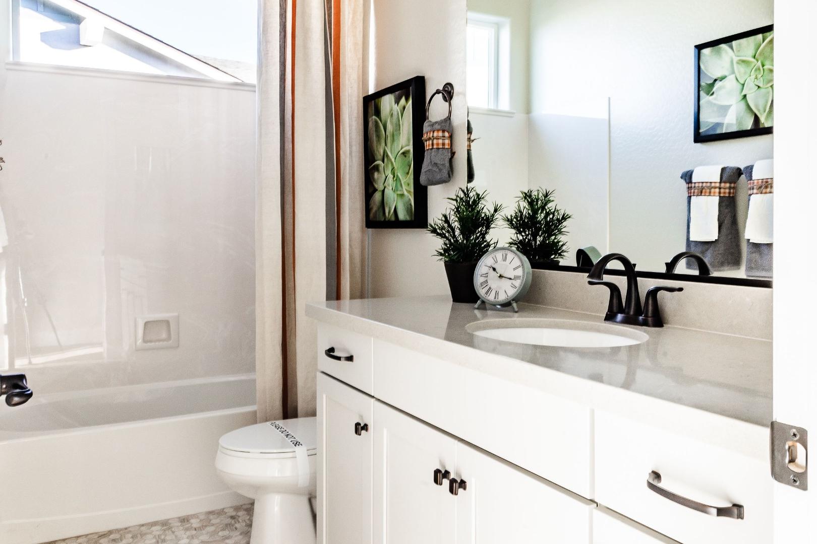 Spacious white bathroom in Westwood Prescott AZ by Davidson Homes with soaking tub, modern vanity, and potted greenery