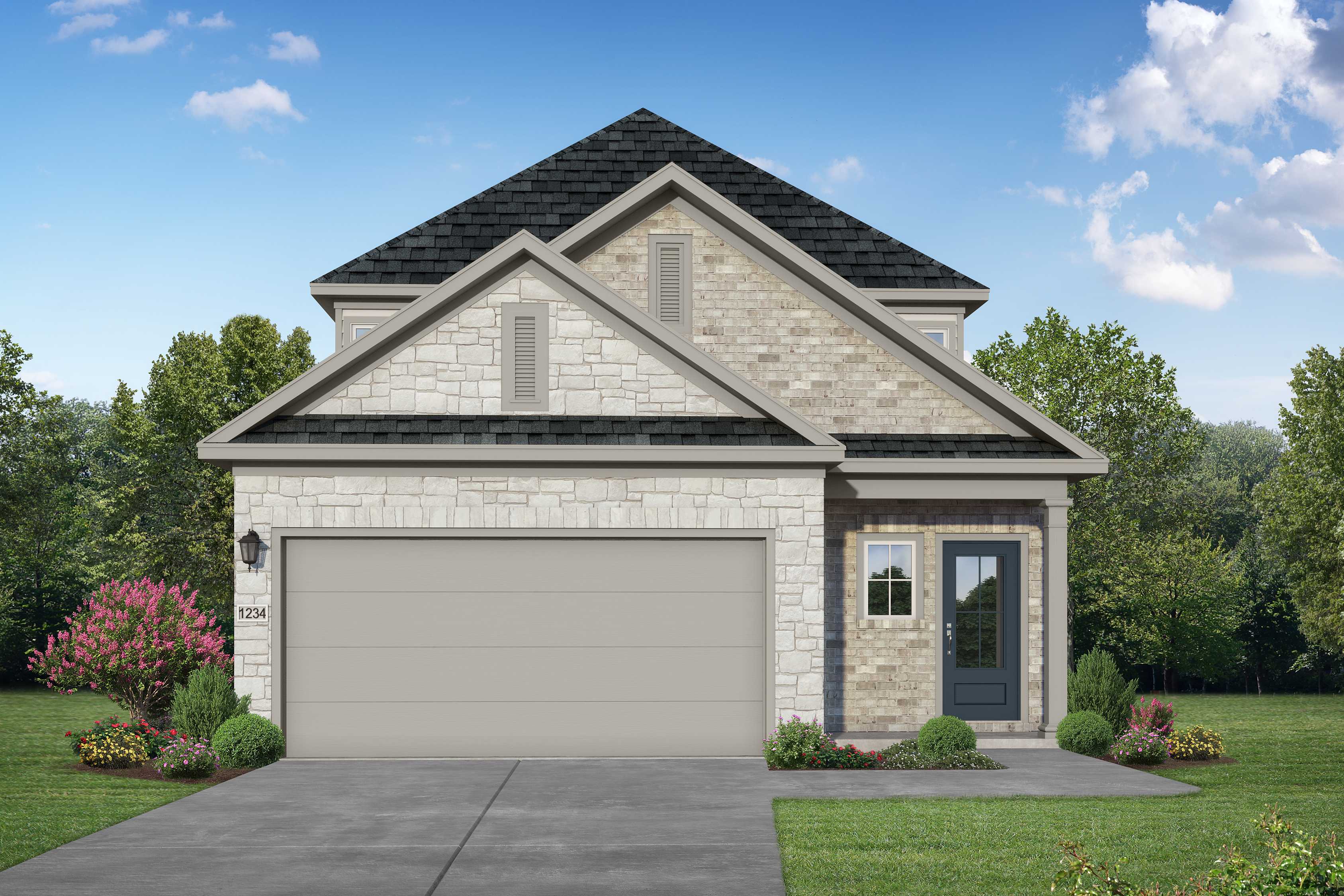 Modern two-story San Marcos home elevation with beige brick siding, dark roof, two-car garage, and landscaped front yard in Katy Texas