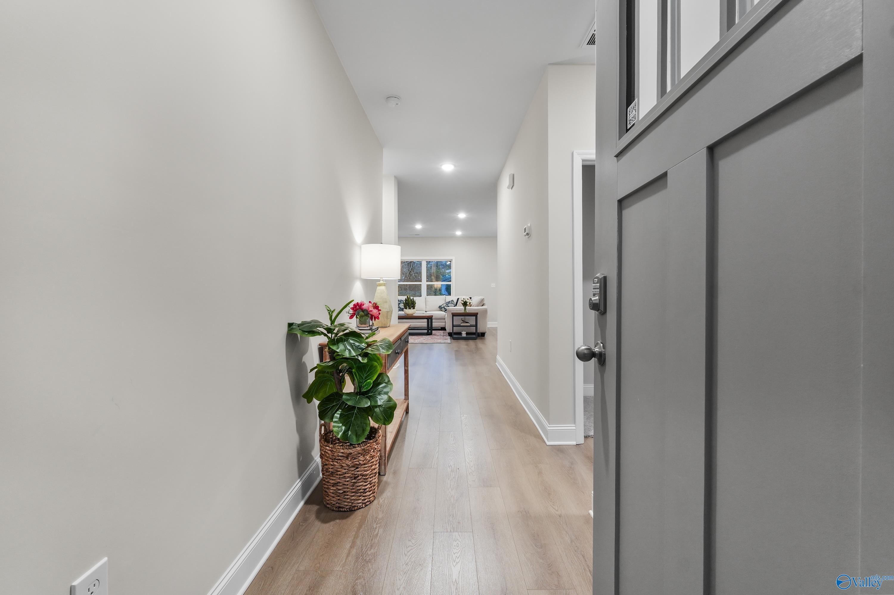 Bright entry hallway with open gray door, potted plant, lamp, and hardwood floors in Davidson Homes The Asheville C, Huntsville, Alabama