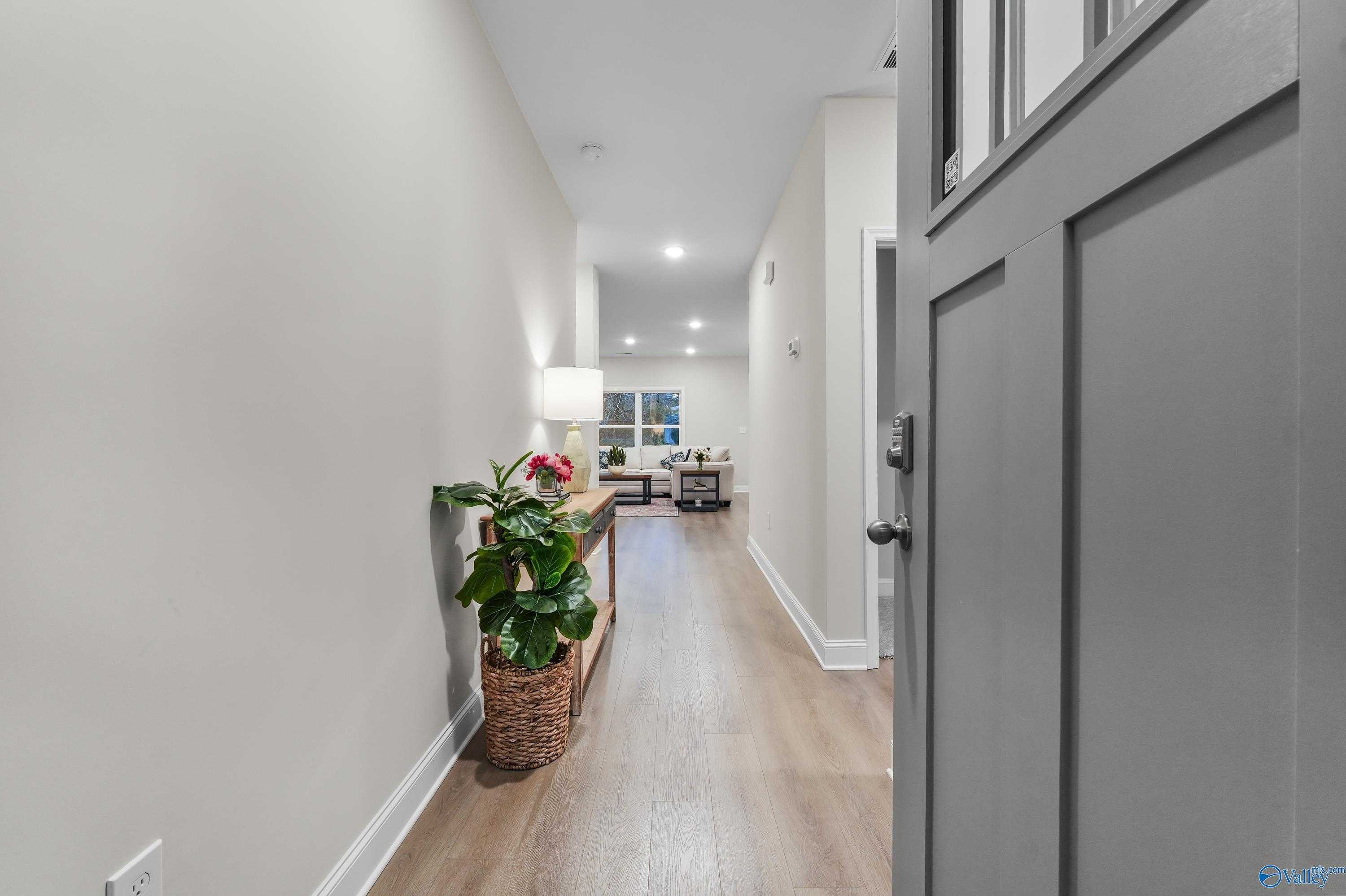 Bright entry hallway with open gray door, potted plant, lamp, and hardwood floors in Davidson Homes The Asheville C, Huntsville, Alabama