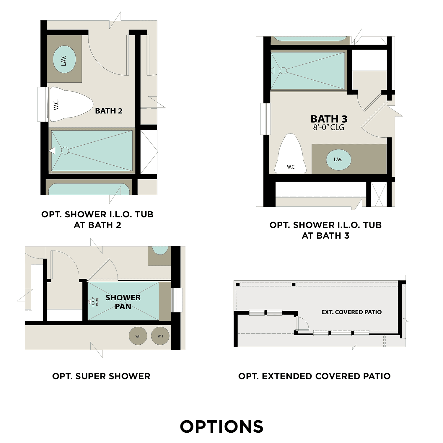 Bathroom and patio options for The Philip B home design, featuring shower, tub, and extended covered patio layouts