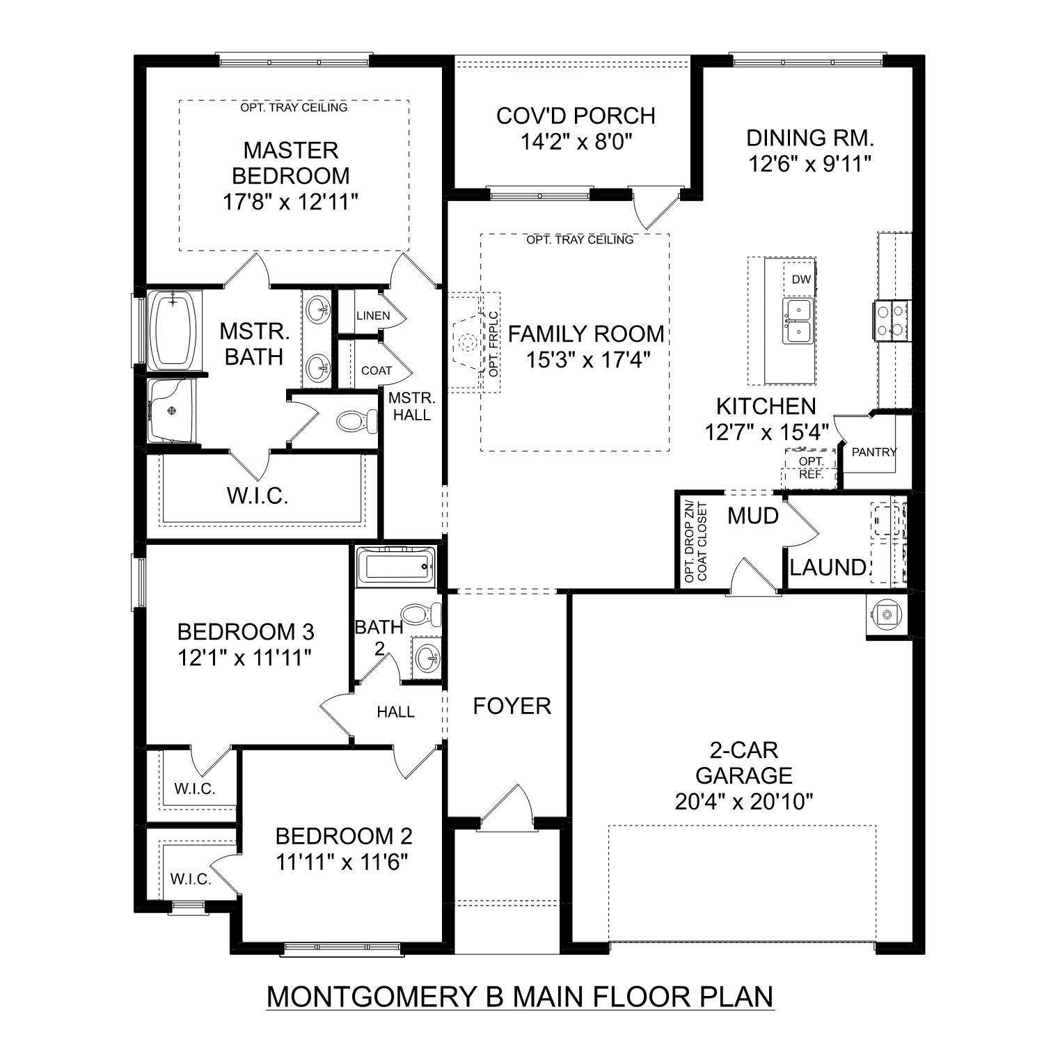 First floor plan of The Montgomery B showcasing 3-bedroom layout, open kitchen-family room, and master suite with dimensions