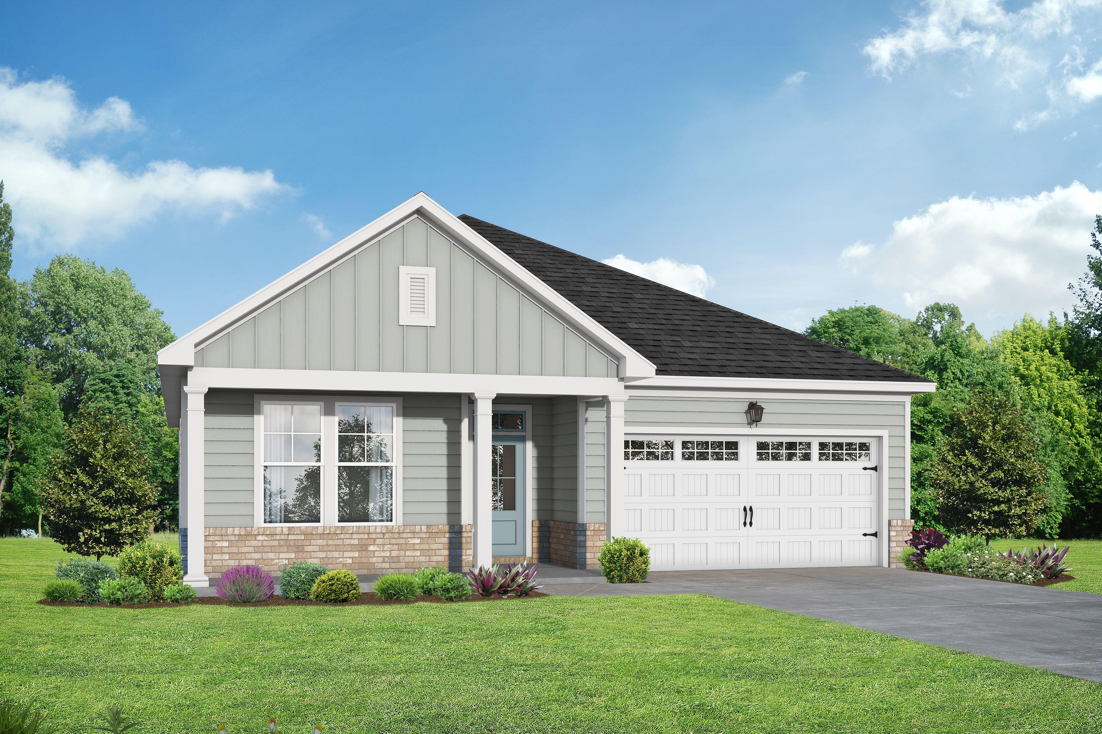 Single-story The Daphne D home elevation featuring gray siding, brick accents, 2-car garage, and front porch by Davidson Homes in Mooresville NC