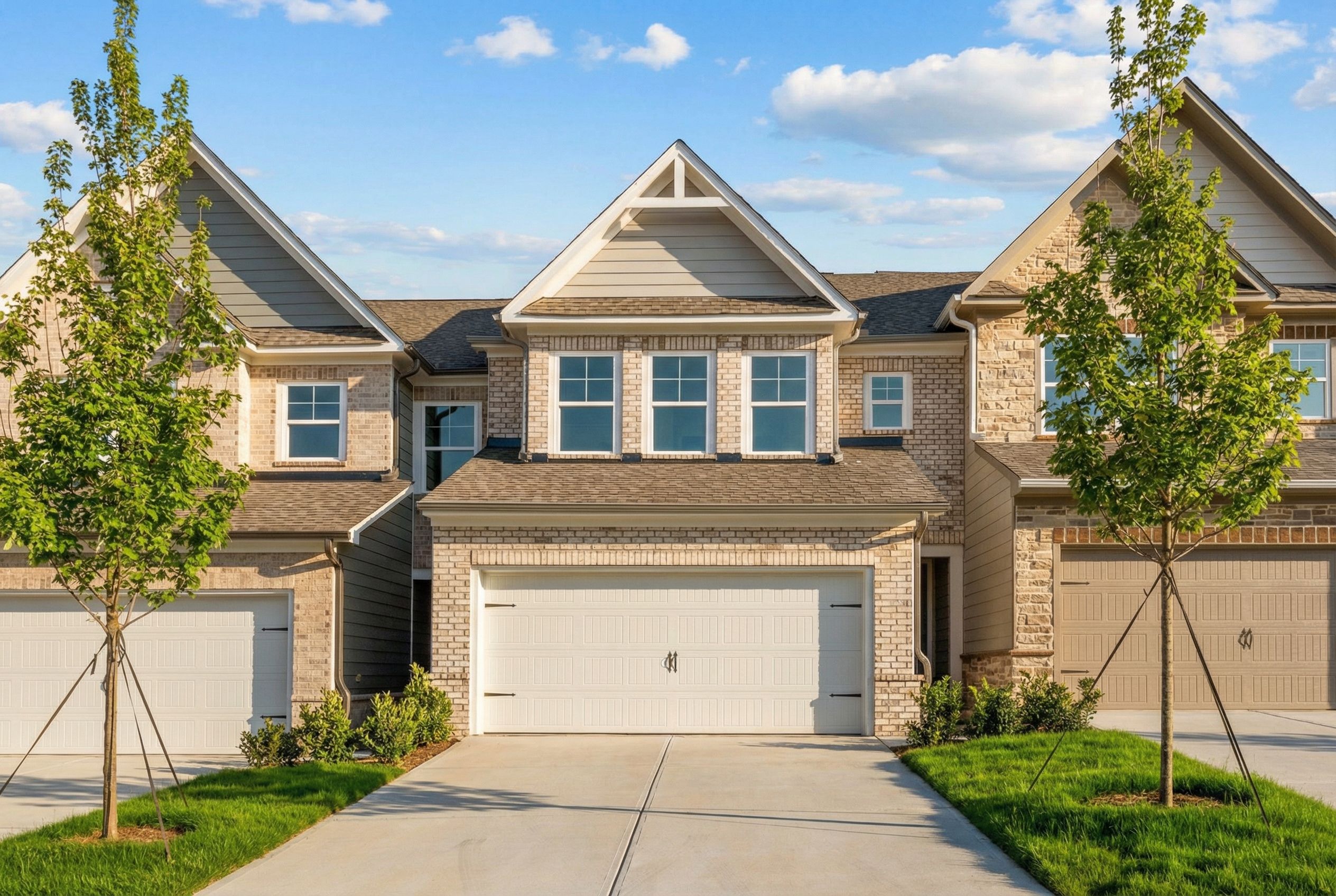 Three 2-story townhomes with beige brick facades, 2-car garages, and driveways in Lake Shore, Winder, Georgia by Davidson Homes