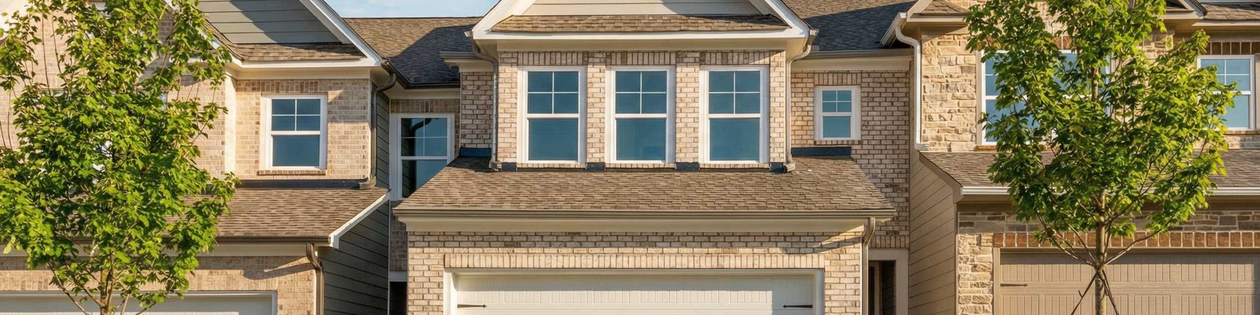 Davidson Homes townhome exterior at Lake Shore in Winder, Georgia featuring brick facade and attached two-car garages.
