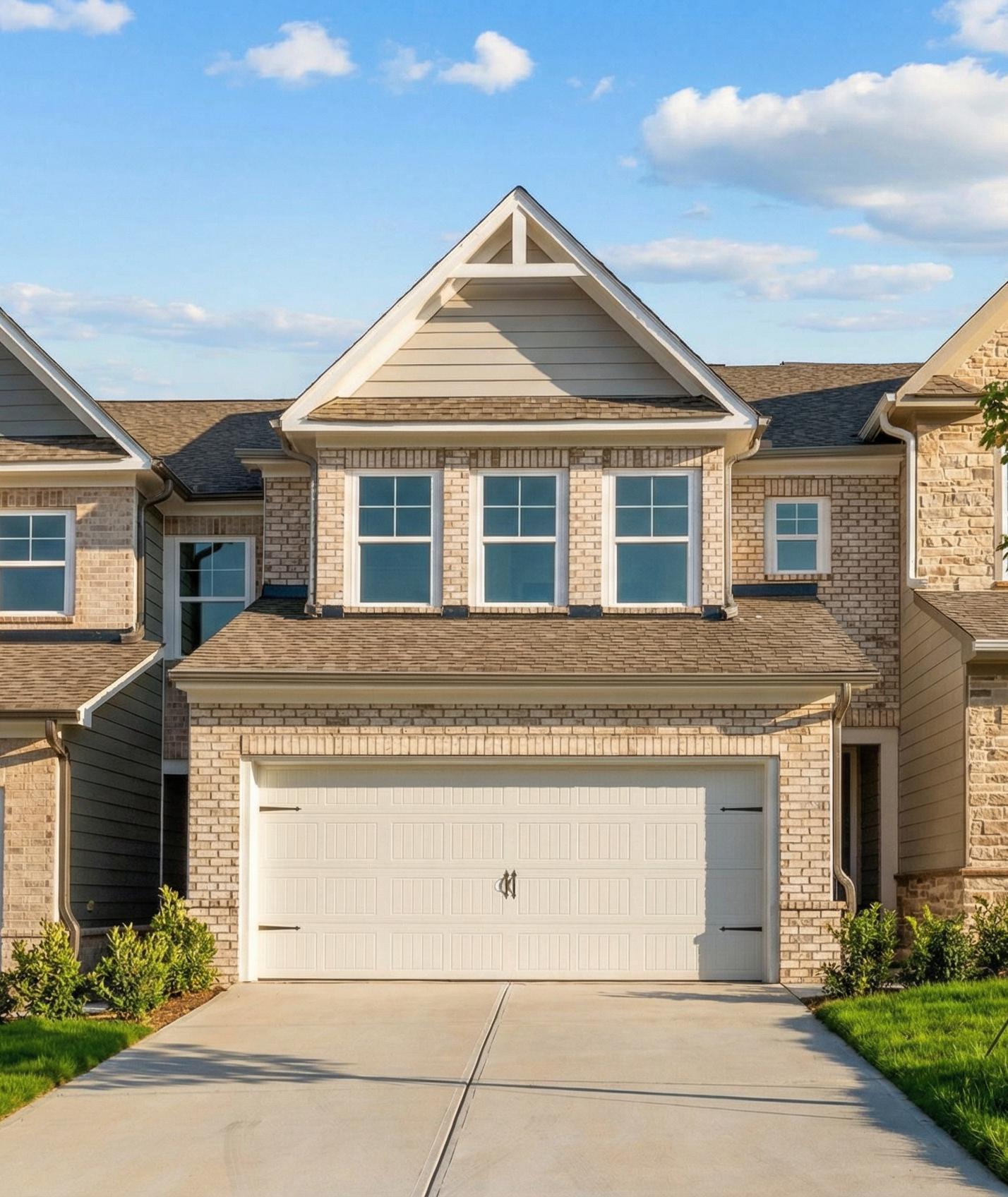 Davidson Homes townhome exterior at Lake Shore in Winder, Georgia featuring brick facade and attached two-car garages.