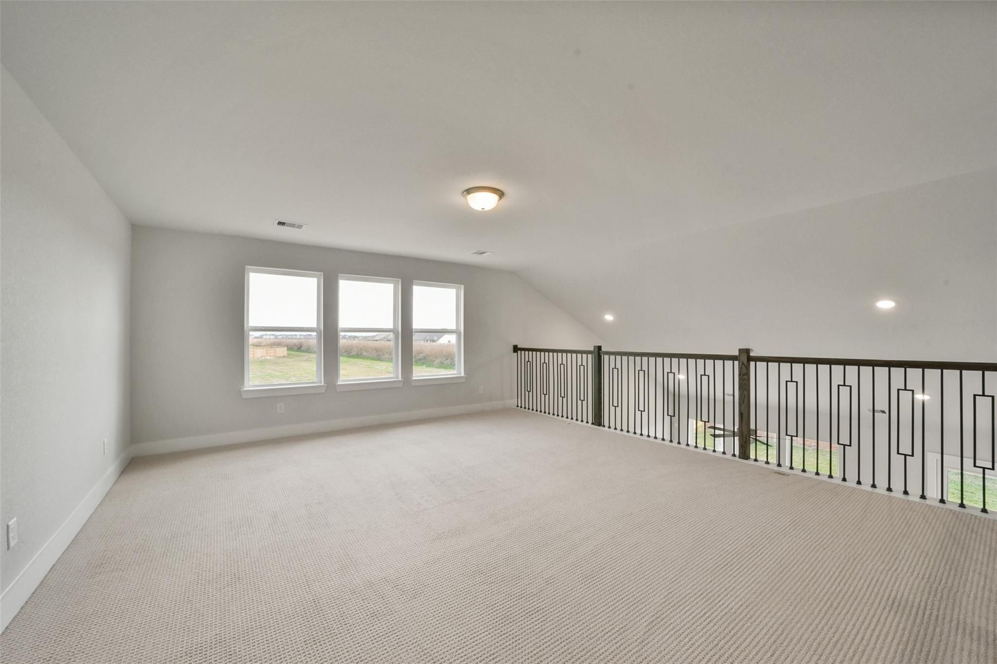 Spacious upstairs loft with beige carpet, large windows overlooking landscape, and modern railing in Davidson Homes The Zion A, Lago Mar