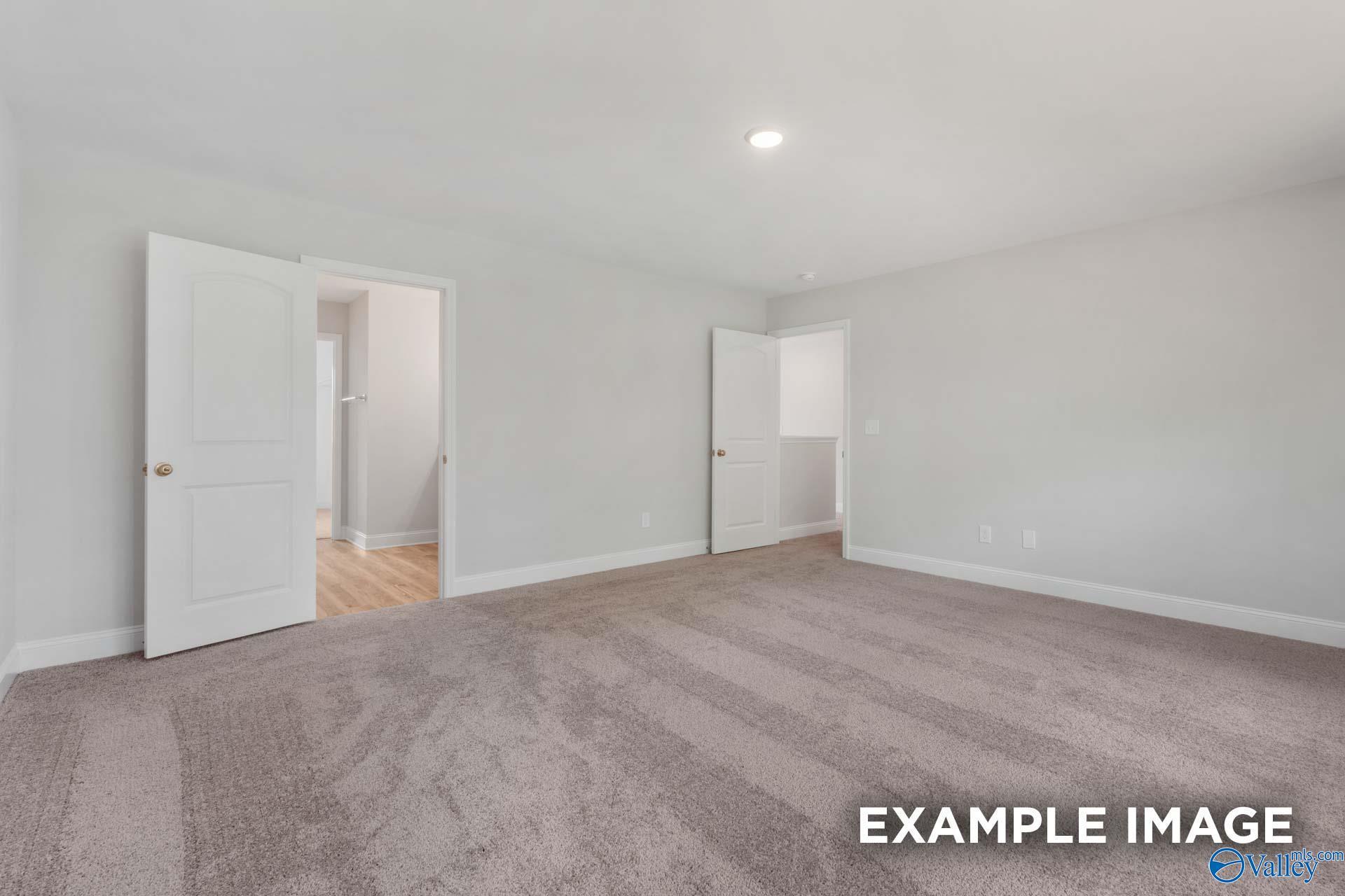 Spacious bedroom with bathroom and closet doorways in 4-bedroom The Shelby C home by Davidson Homes, Meridianville, Alabama