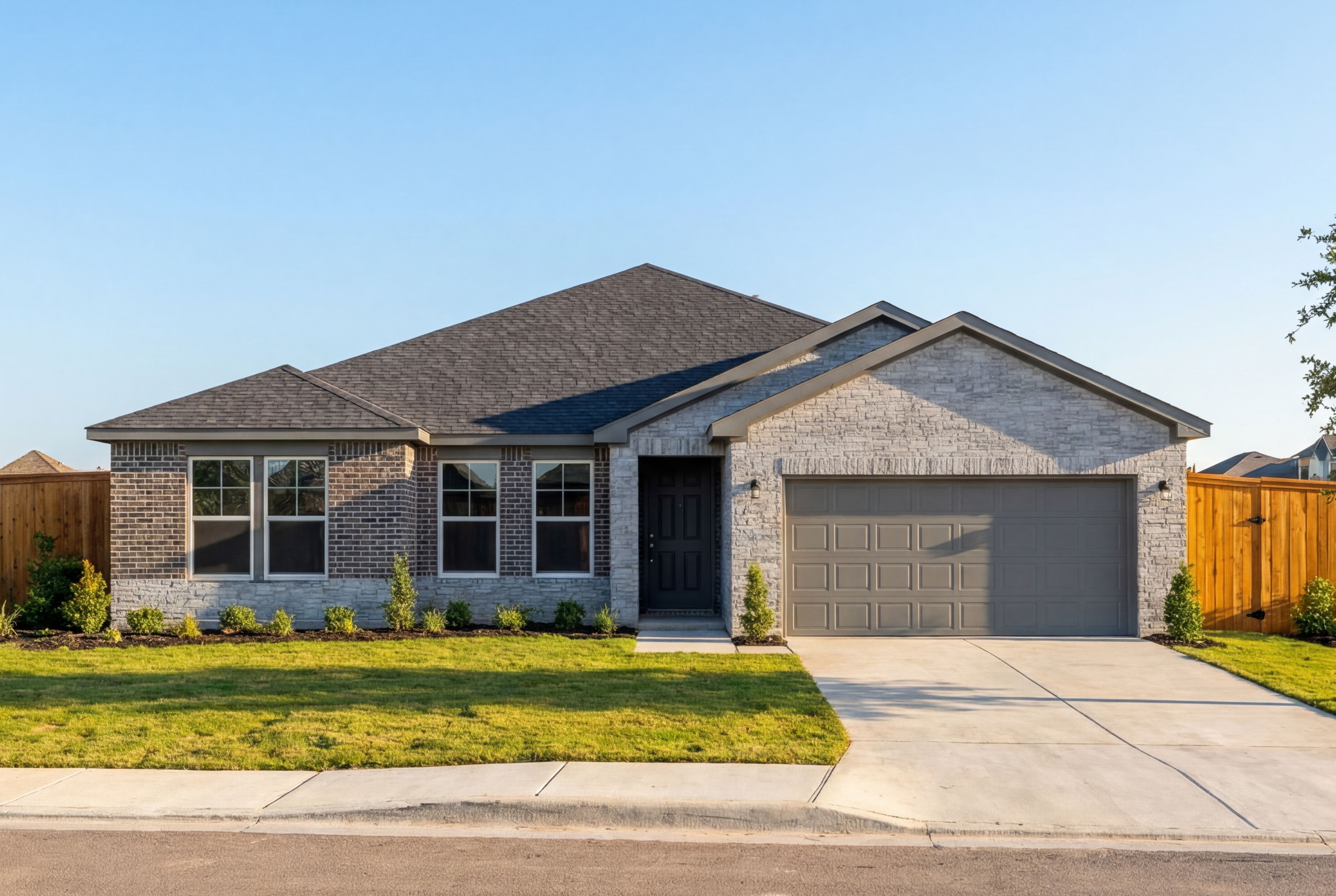 Modern one-story exterior of The Rockford home with gray brick facade, two-car garage, and manicured lawn in Castroville Texas