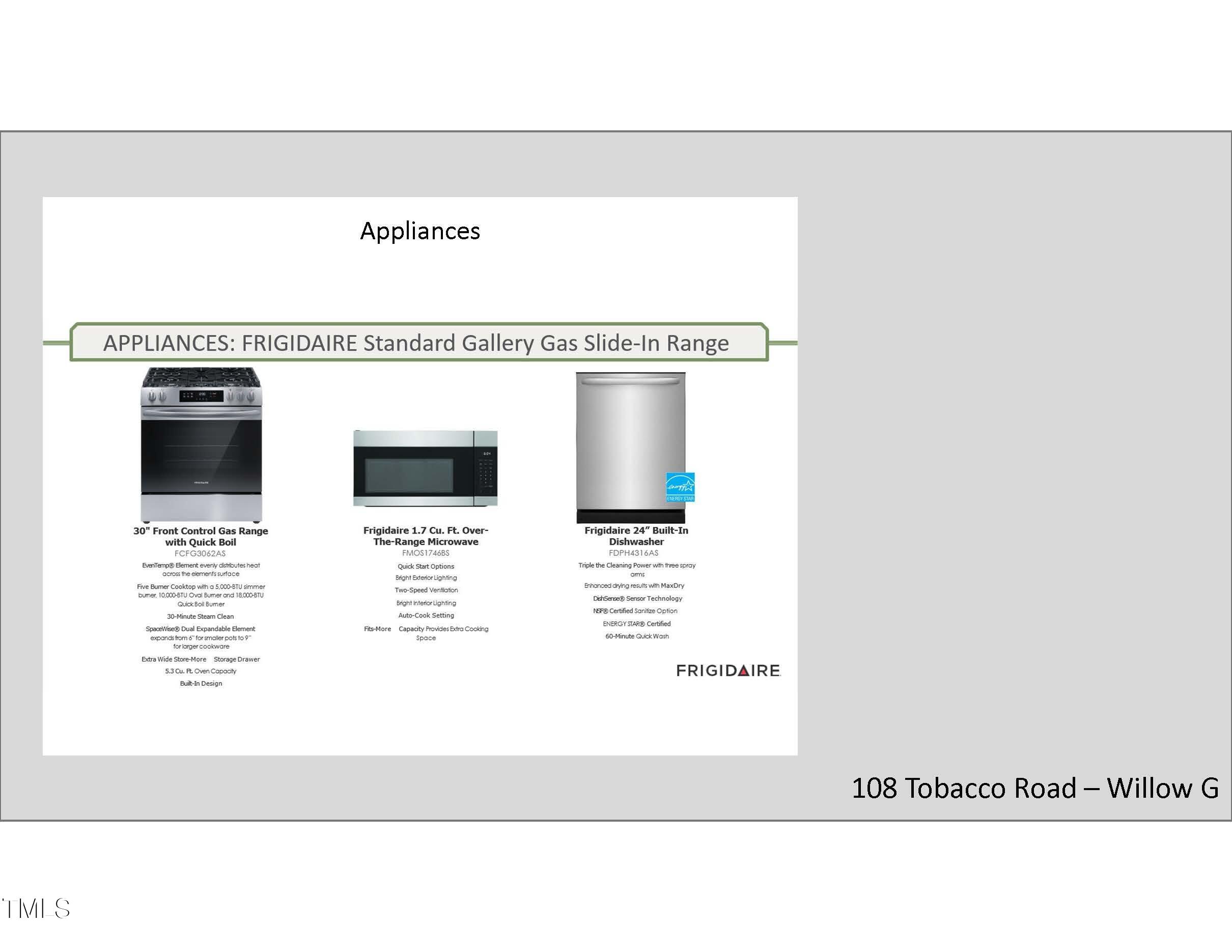 Frigidaire standard gallery gas slide-in range, microwave, and dishwasher in 5-bedroom Willow G home, Tobacco Road, Angier, NC