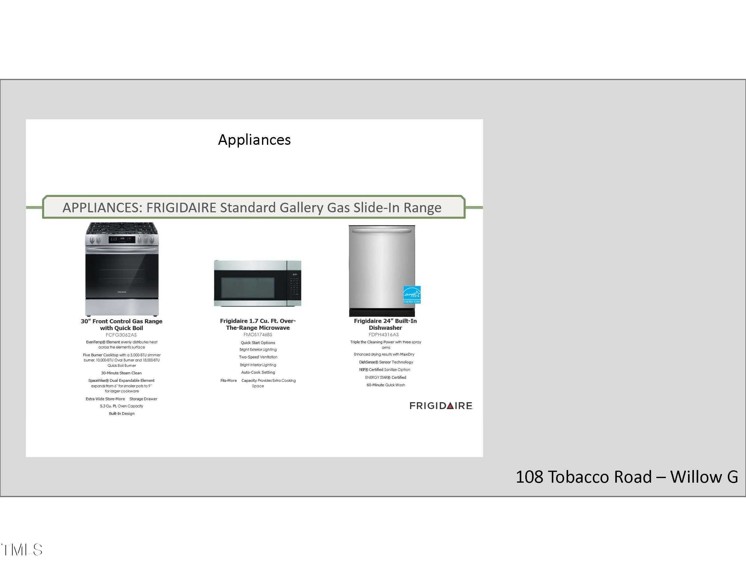 Frigidaire Gallery stainless gas slide-in range, wall oven, and dishwasher in Willow G kitchen, 108 Tobacco Road, Angier, NC