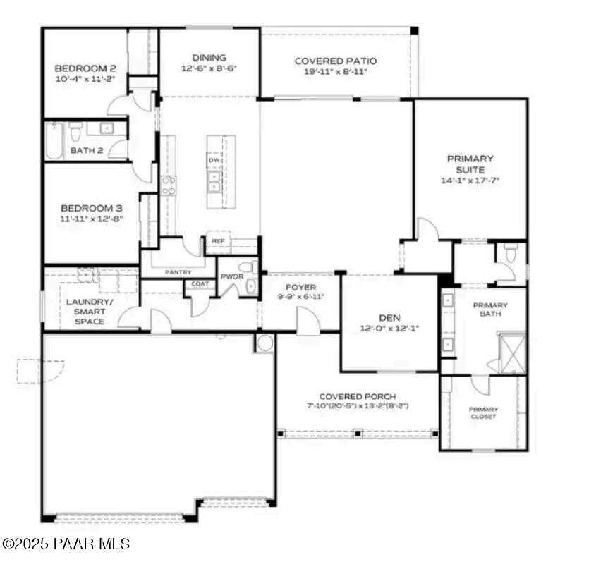 The Monarch B floor plan: 3-bedroom, 2.5-bath, 1-story layout with primary suite, dining, covered patio, 3-car garage in Prescott Valley, AZ