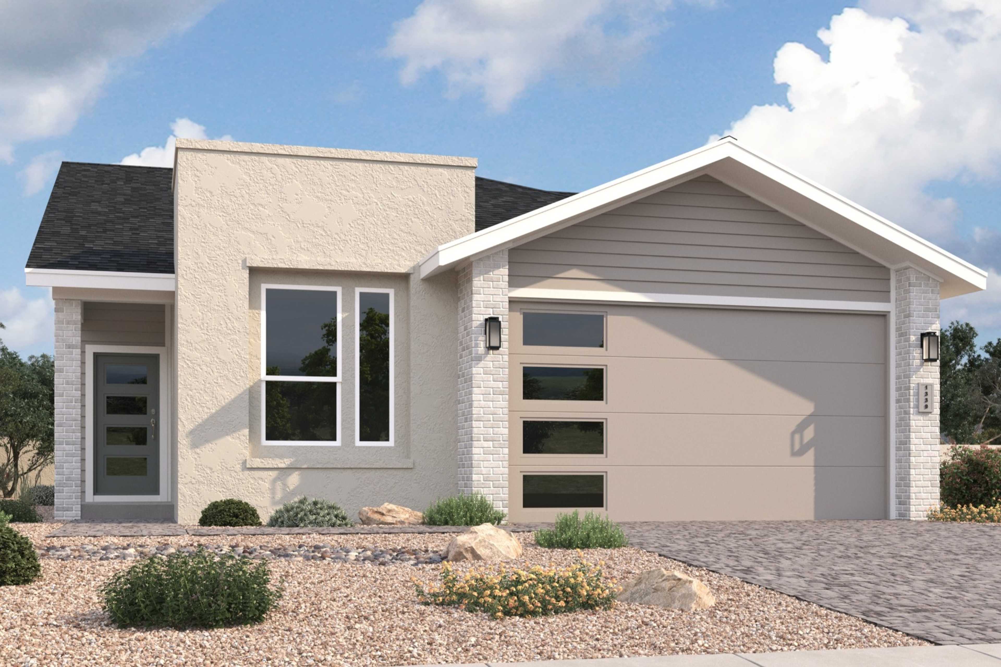 Modern single-story elevation of The Malibu C showcasing beige stucco exterior, 2-car garage, and desert landscaping in Prescott AZ