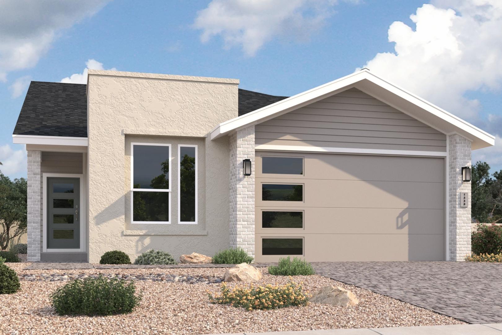 Modern single-story elevation of The Malibu C showcasing beige stucco exterior, 2-car garage, and desert landscaping in Prescott AZ