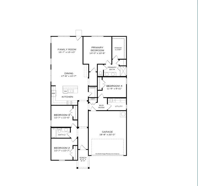 The Aurora D floor plan layout: 4 bedrooms, 2 baths, 2-car garage home by Davidson Homes in Anderson Lakes, Opelika, Alabama