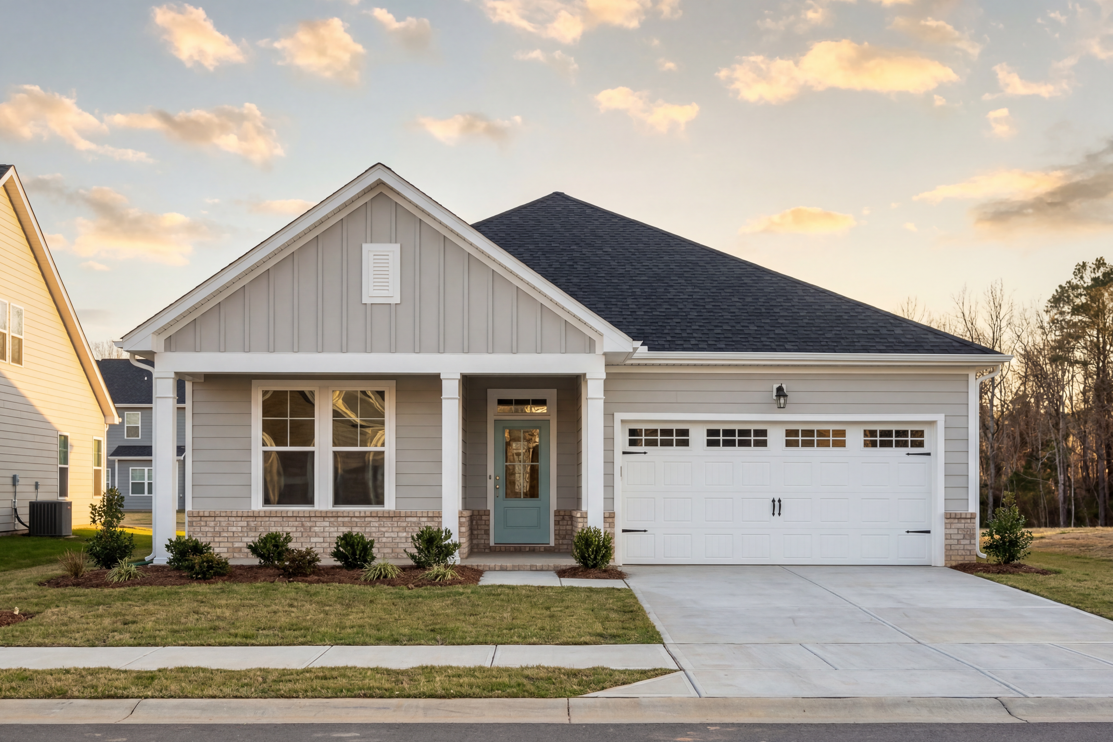 Charming single-story The Daphne D exterior with gray craftsman siding, black roof, columned porch, teal door, and 2-car garage in Lillington NC