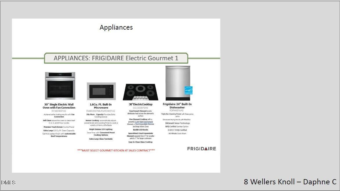 Frigidaire stainless steel electric range, microwave, and dishwasher in The Daphne C floor plan home, Wellers Knoll, Lillington, NC
