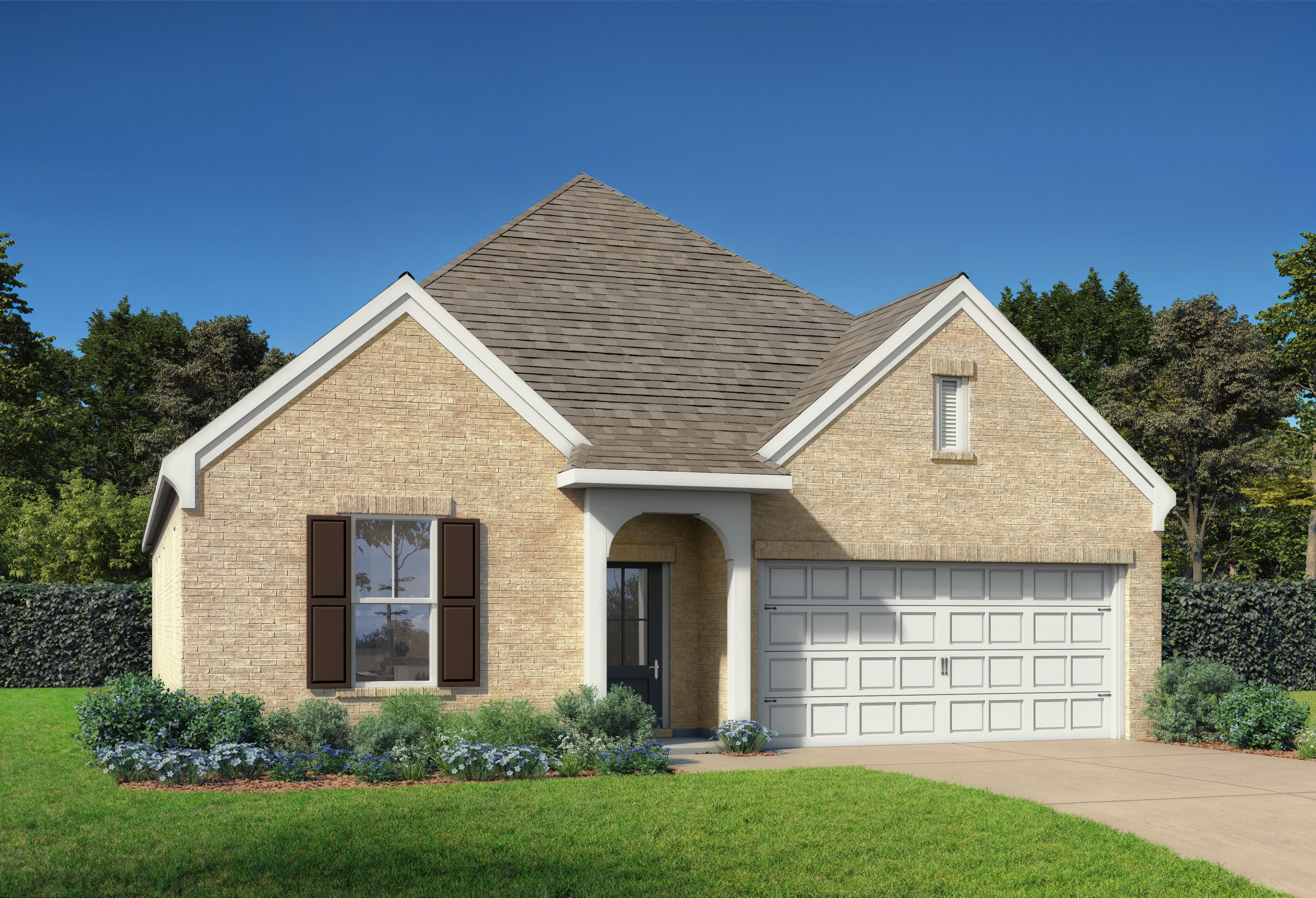 Cottonwood E single-story brick home elevation with gabled roof, two-car garage, and covered porch in Gallatin TN