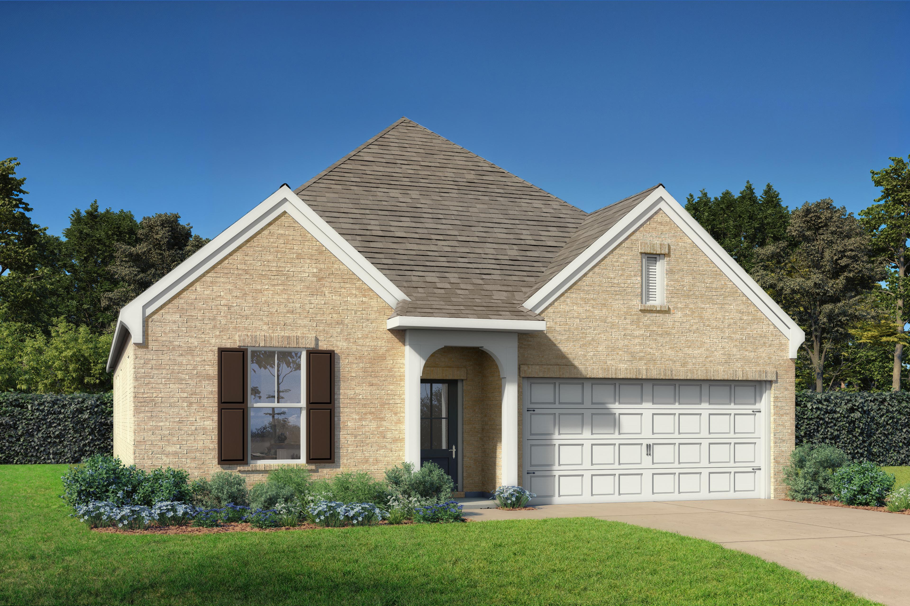 Cottonwood E single-story brick home elevation with gabled roof, two-car garage, and covered porch in Gallatin TN