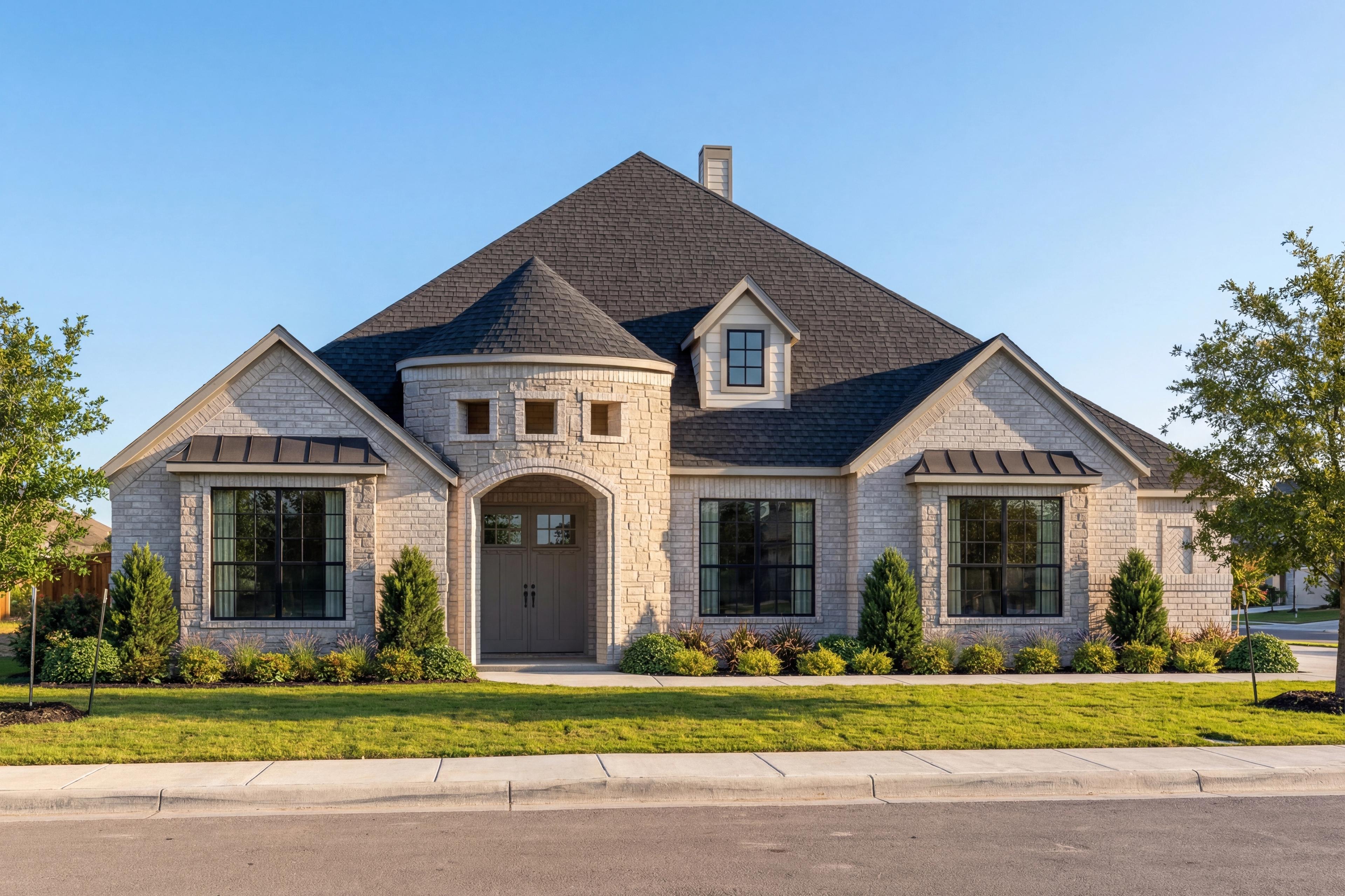 Stunning single-story elevation of The Summerlin B by Davidson Homes, showcasing stone-brick facade, turret archway, and lush landscaping in Castroville, Texas