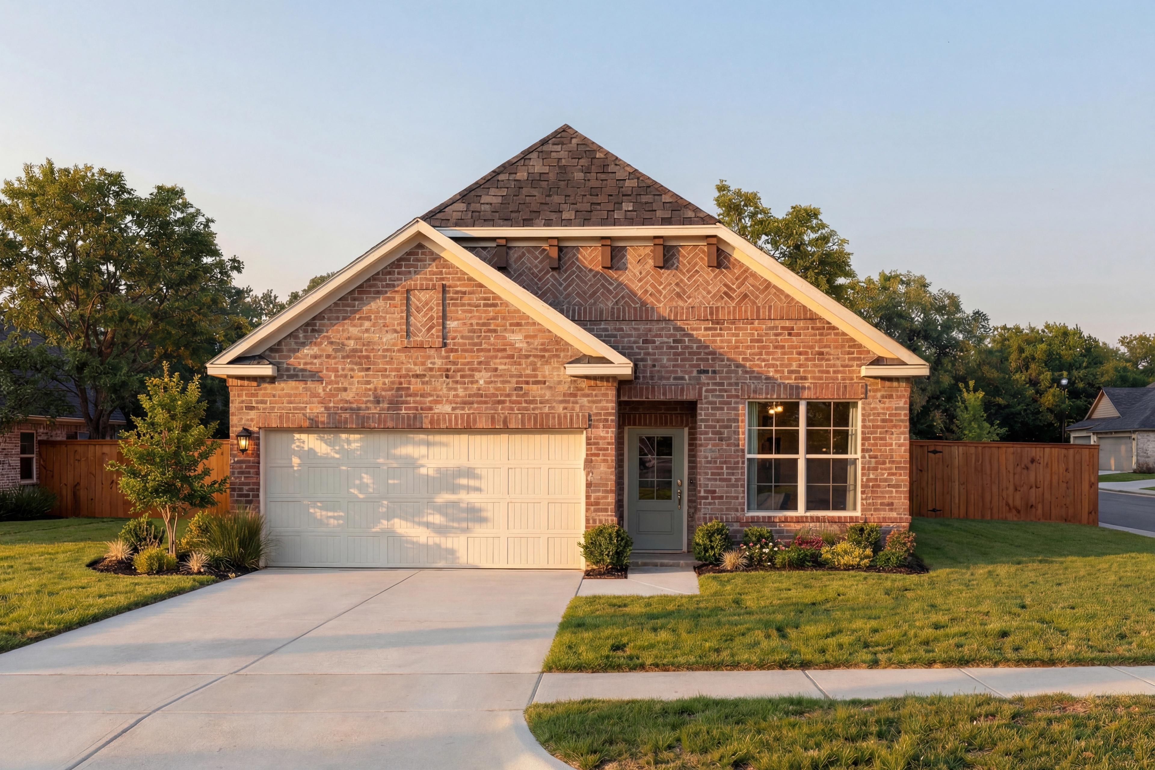 Charming brick elevation of The Luna J 1-story home featuring 2-car garage, gabled roof, and landscaped yard in Katy, Texas
