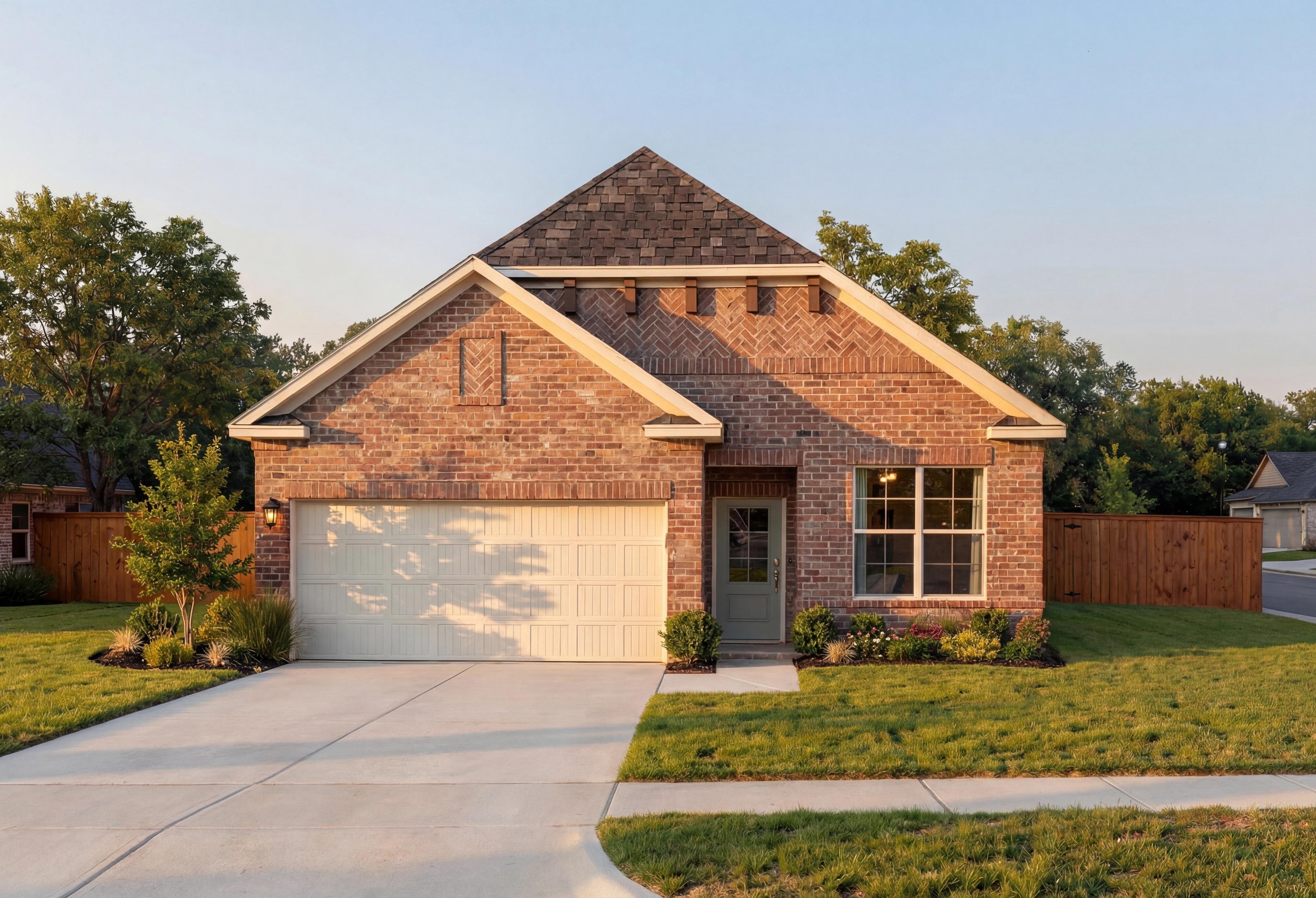 Charming brick elevation of The Luna J 1-story home featuring 2-car garage, gabled roof, and landscaped yard in Katy, Texas
