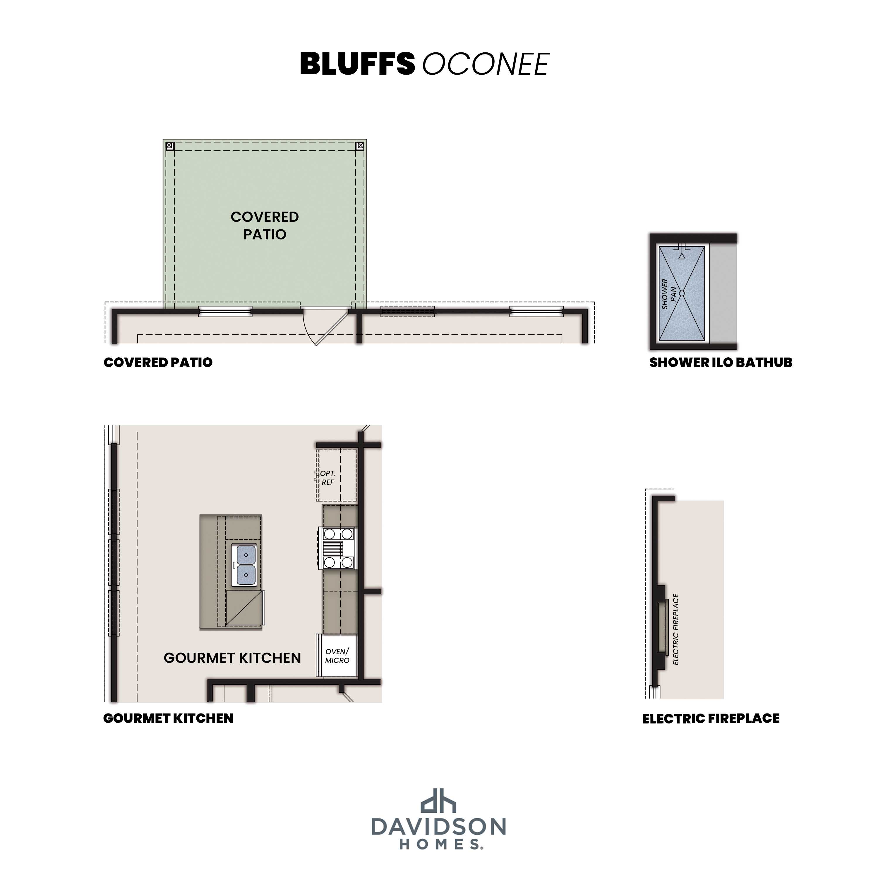 Oconee floor plan featuring gourmet kitchen island, covered patio, walk-in shower, and electric fireplace by Davidson Homes