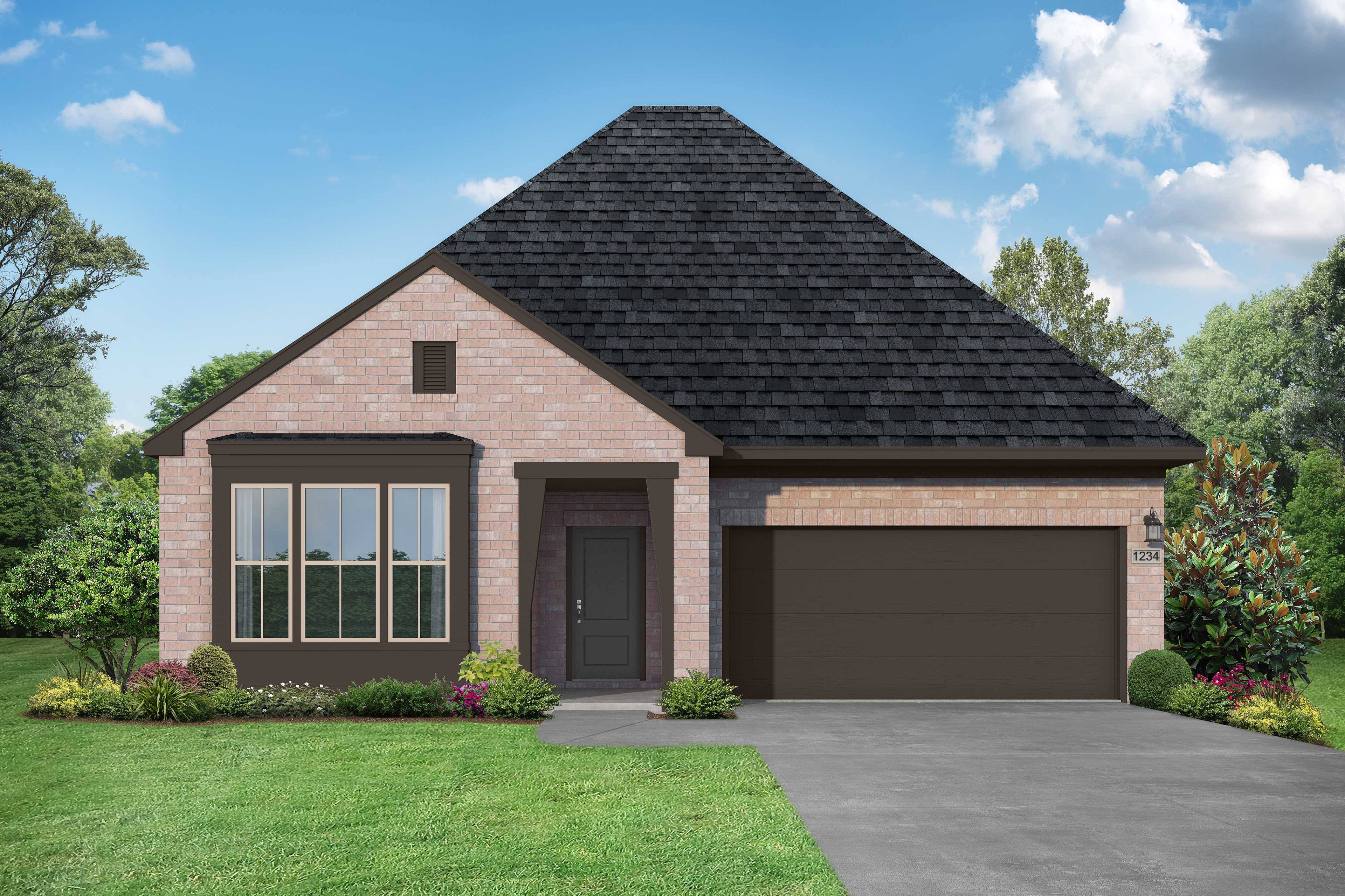 The Glen C single-story home elevation by Davidson Homes: brick facade, dark shingled roof, 2-car garage, and lush landscaped yard in Josephine, Texas