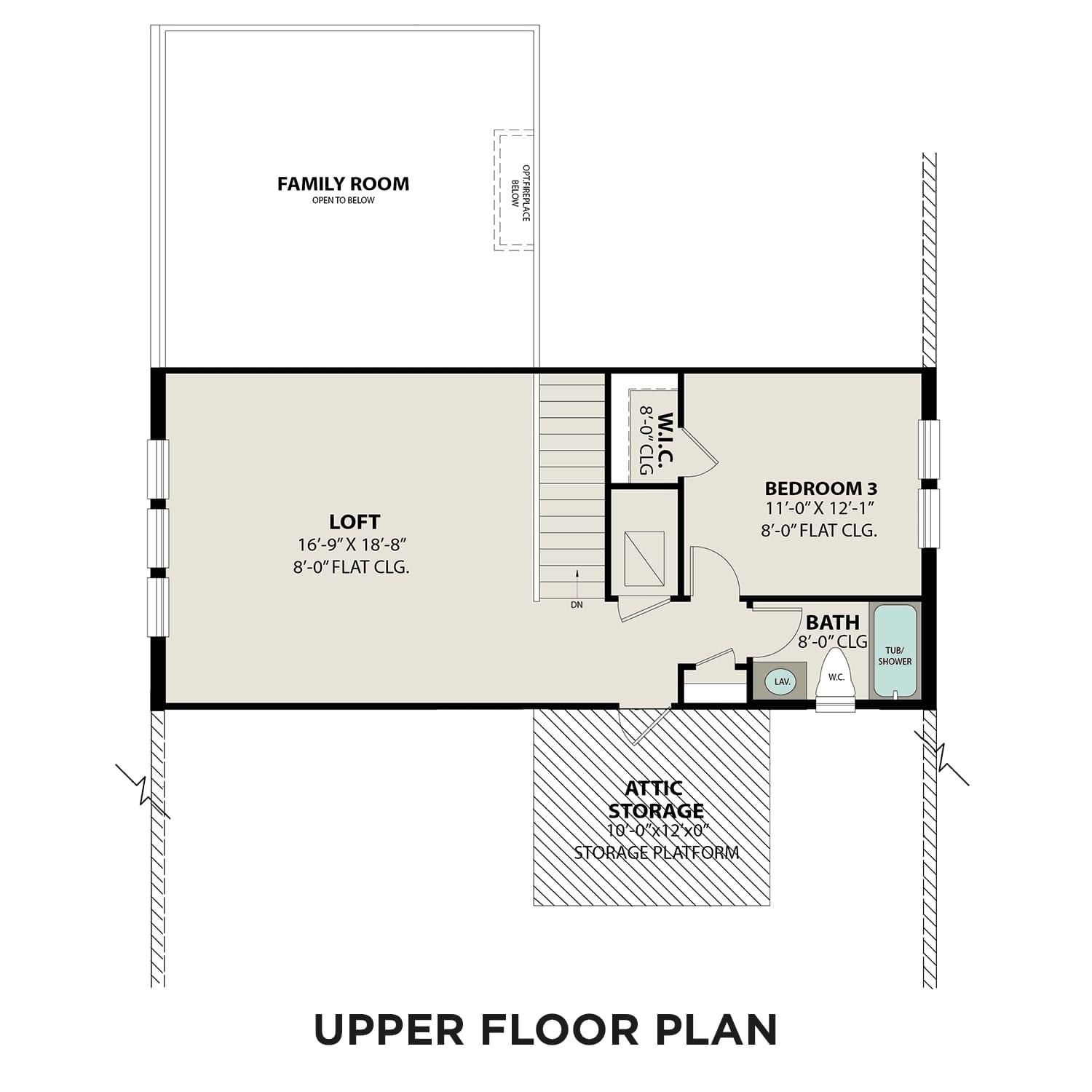 Upper floor plan with loft, family room, bedroom 3, baths, attic storage in The Zion A Davidson Homes, Lago Mar, Texas City